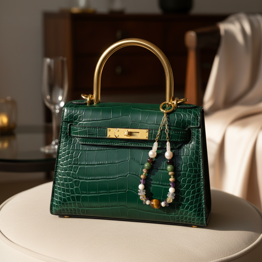 Laboratory Certified Natural Stone Bag Charm – Pearl, Jade, Tiger’s Eye, Citrine, Amethyst, Jasper & Labradorite