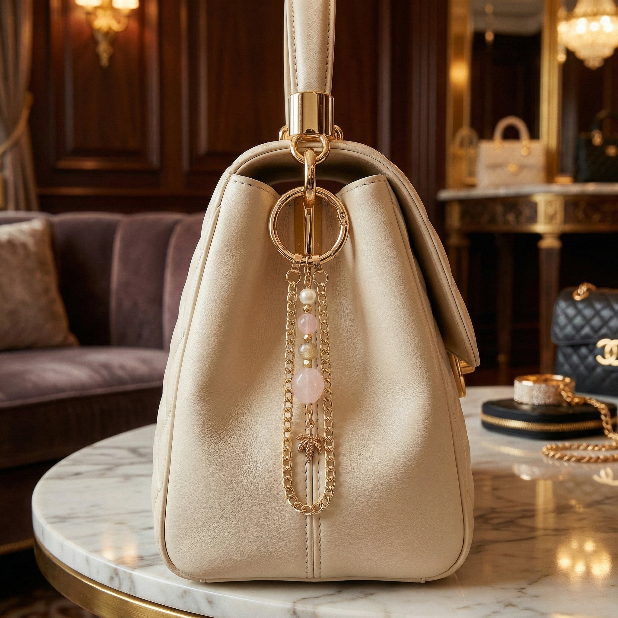 Laboratory Certified Natural Stone Bag Charm – Rose Quartz, Pearl & Citrine