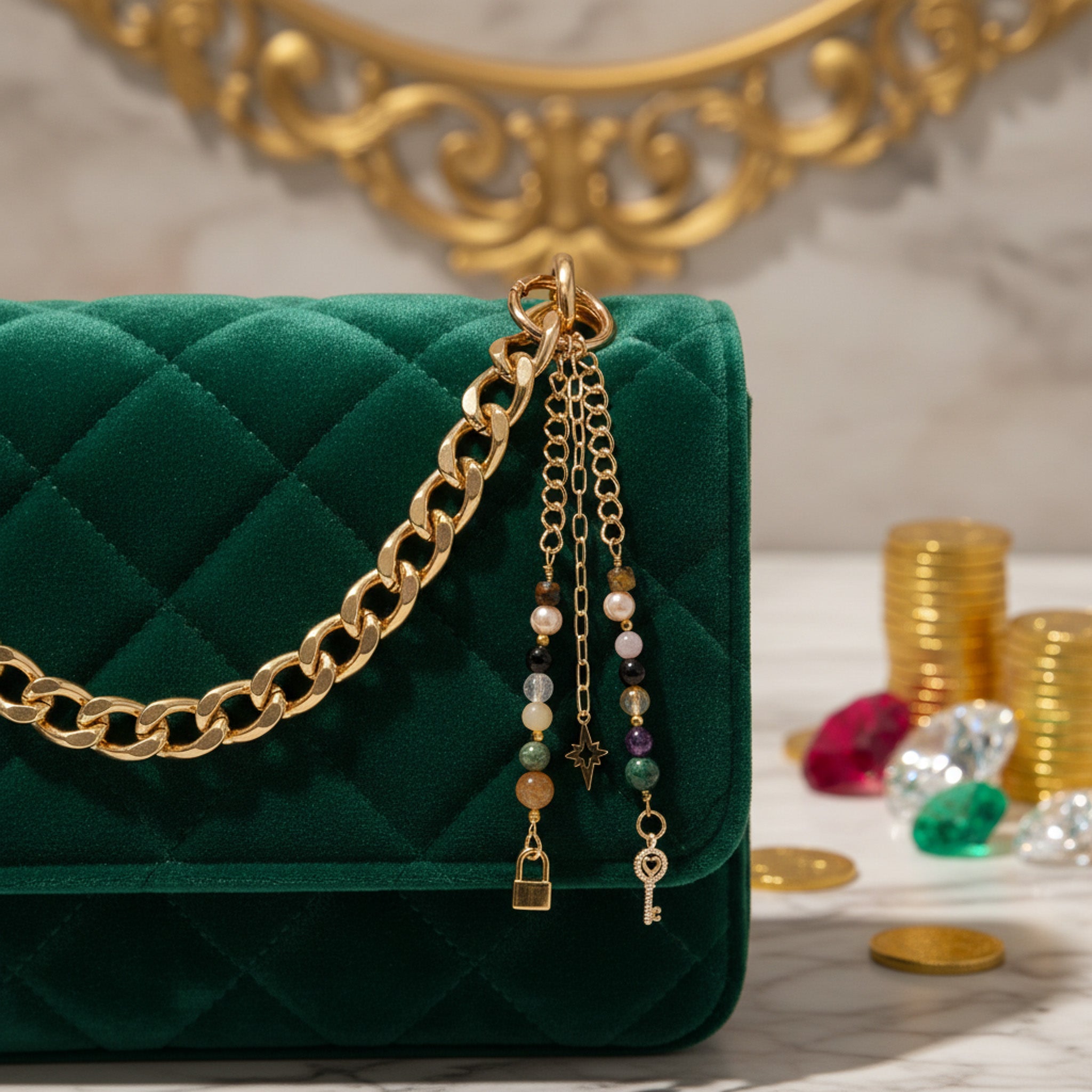 Laboratory Certified Natural Stone Bag Charm – Citrine, Amethyst, Tiger’s Eye, Crystal Quartz (Necef), Rose Quartz & Pearl