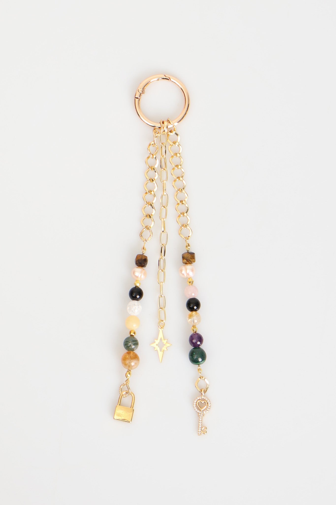 Laboratory Certified Natural Stone Bag Charm – Citrine, Amethyst, Tiger’s Eye, Crystal Quartz (Necef), Rose Quartz & Pearl