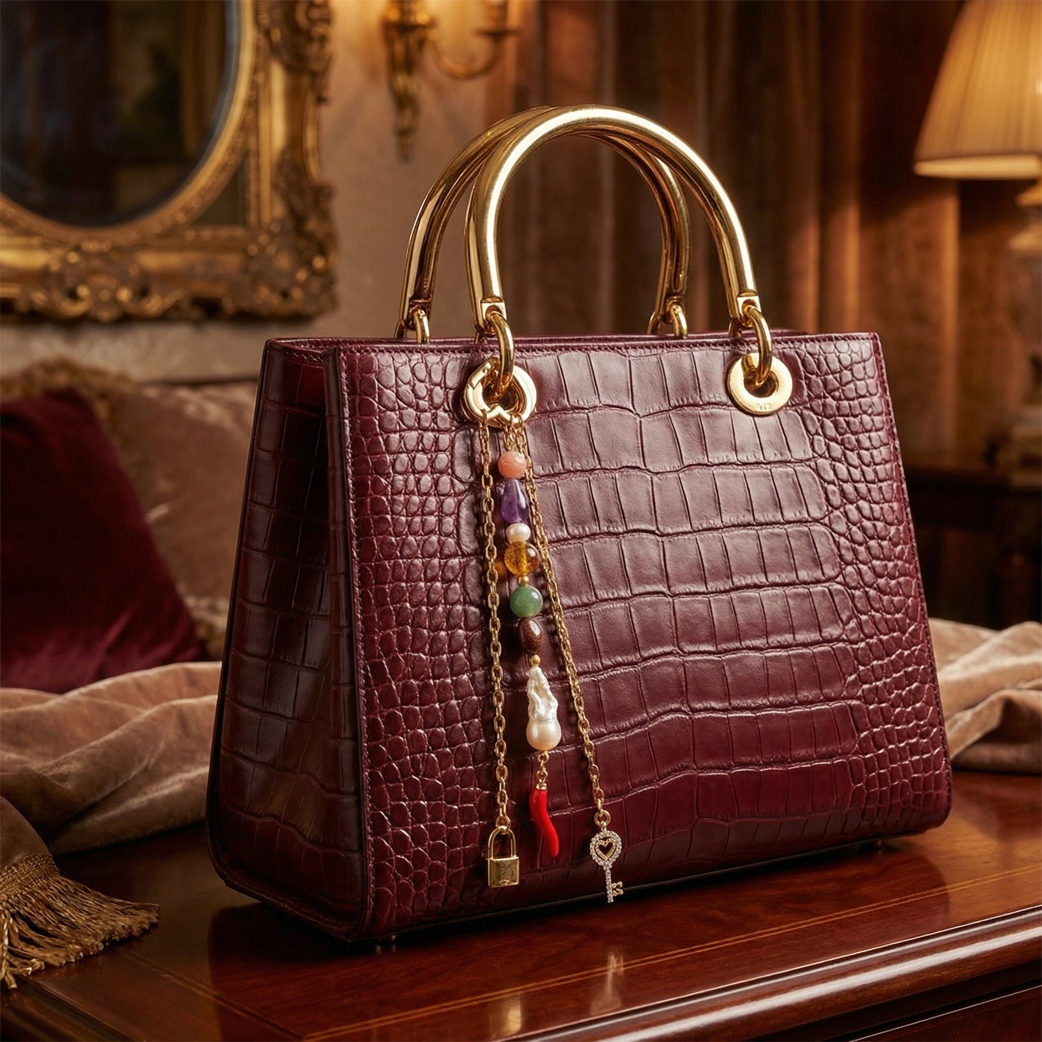 Laboratory Certified Natural Stone Bag Charm – Citrine, Amethyst, Jade, Strawberry Quartz & Pearl