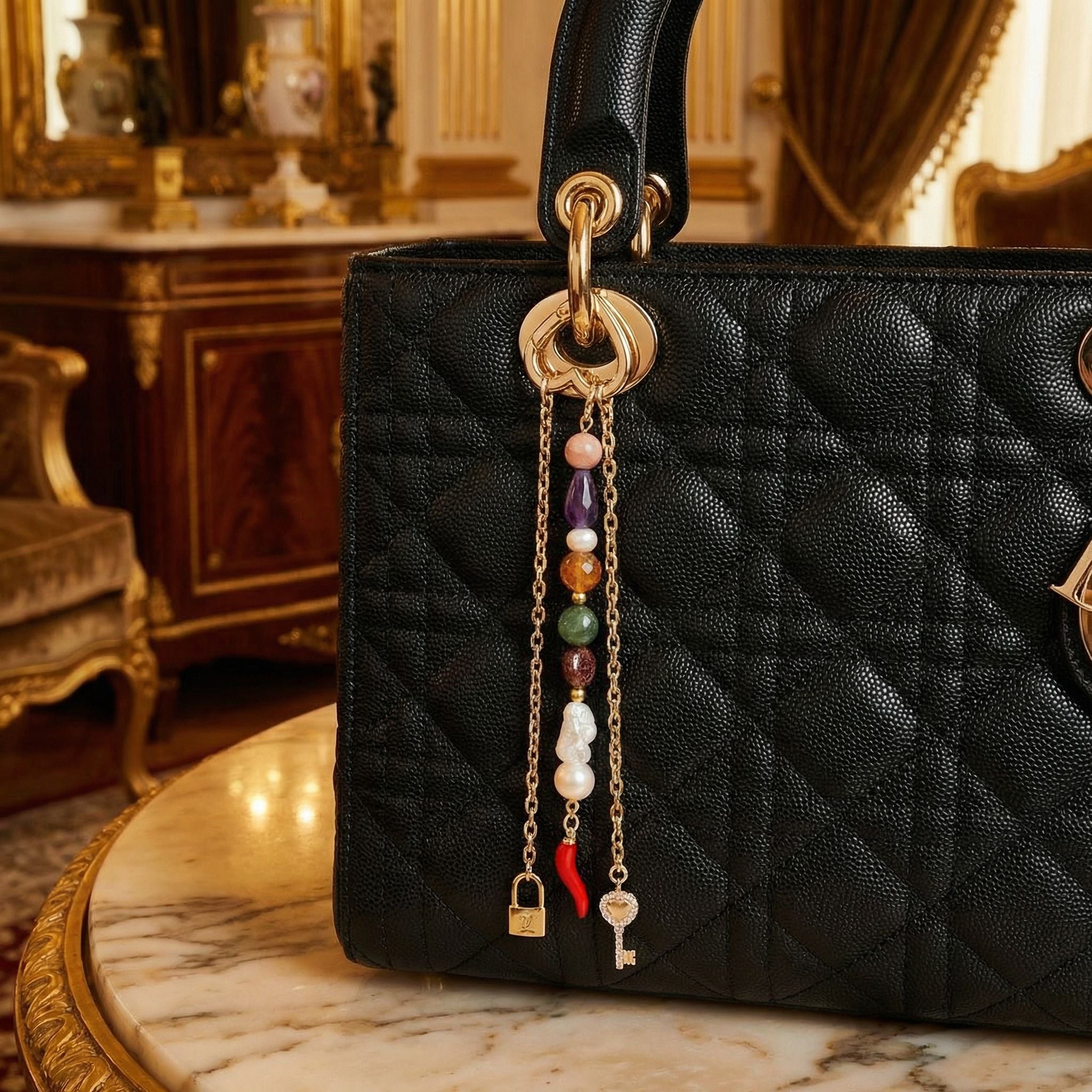 Laboratory Certified Natural Stone Bag Charm – Citrine, Amethyst, Jade, Strawberry Quartz & Pearl