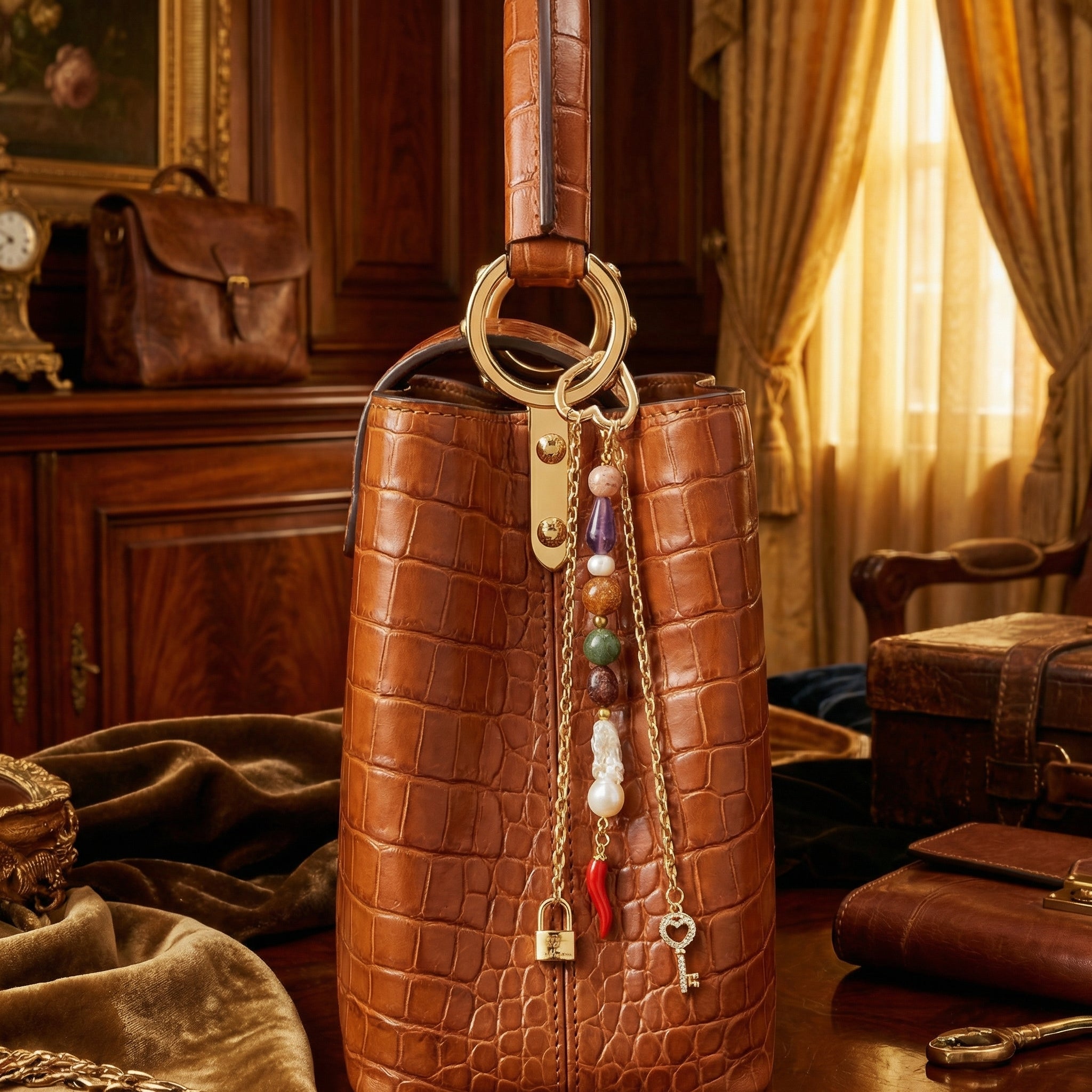 Laboratory Certified Natural Stone Bag Charm – Citrine, Amethyst, Jade, Strawberry Quartz & Pearl