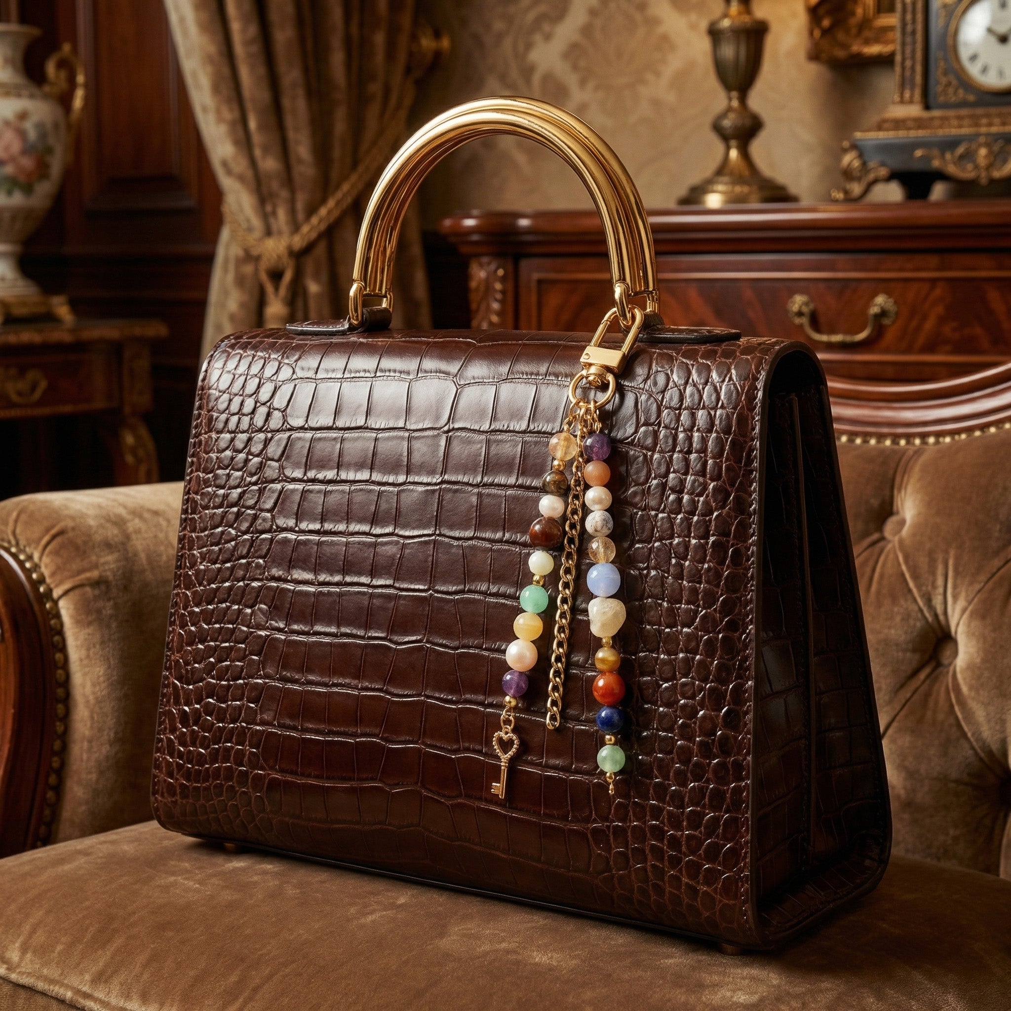 Laboratory Certified Natural Stone Bag Charm – Citrine, Tiger’s Eye, Pearl, Amethyst, Chalcedony, Howlite & Lapis Lazuli