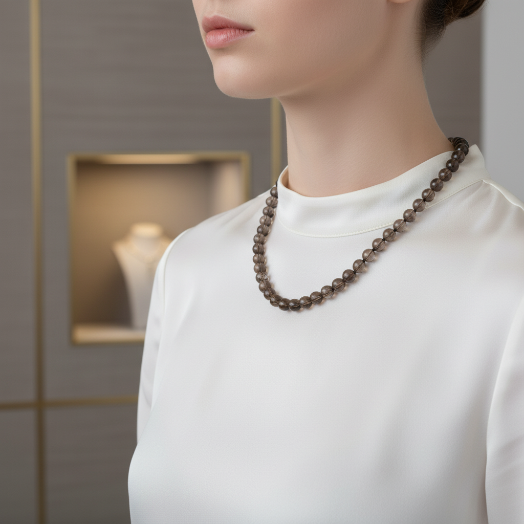 Laboratory Certified Smoky Quartz 6 mm Knotted Natural Stone Necklace