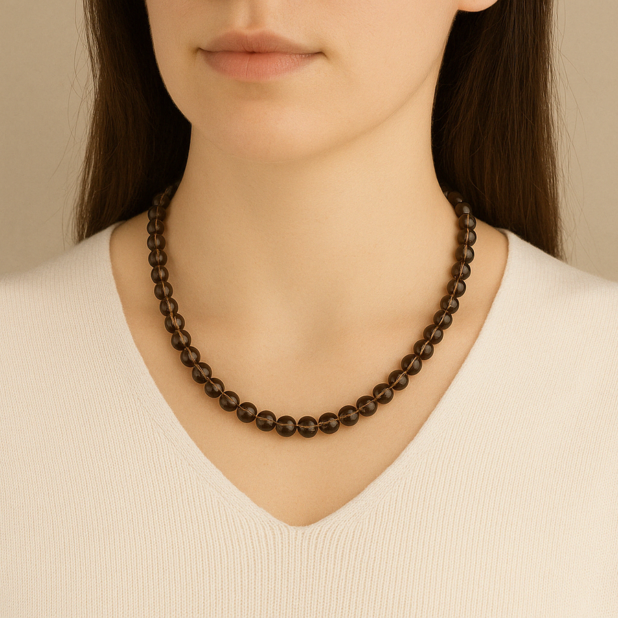 Laboratory Certified Smoky Quartz 8 mm Natural Stone Necklace