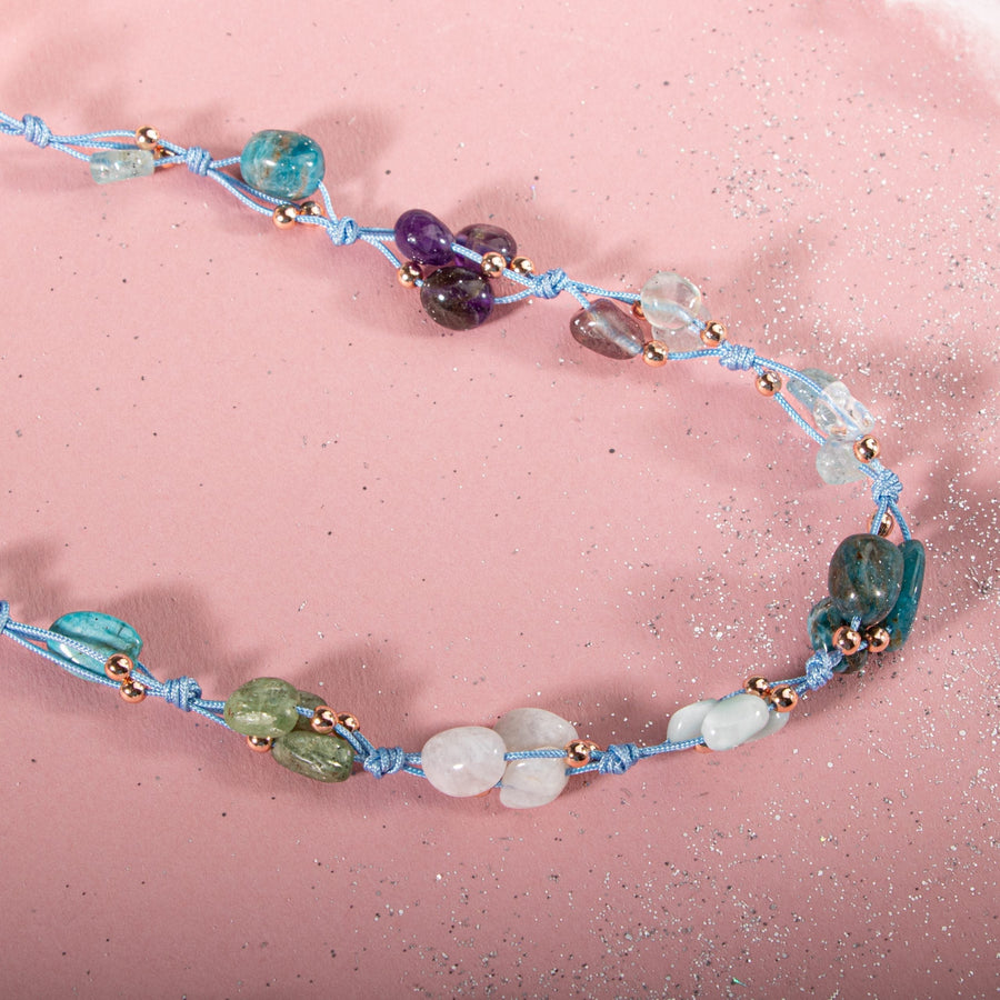 Laboratory Certified Pisces Zodiac Natural Stone Macramé Necklace – Aquamarine, Amethyst, Moonstone, Kyanite, Blue Apatite, Purple Fluorite, Green Larimar – Special Design
