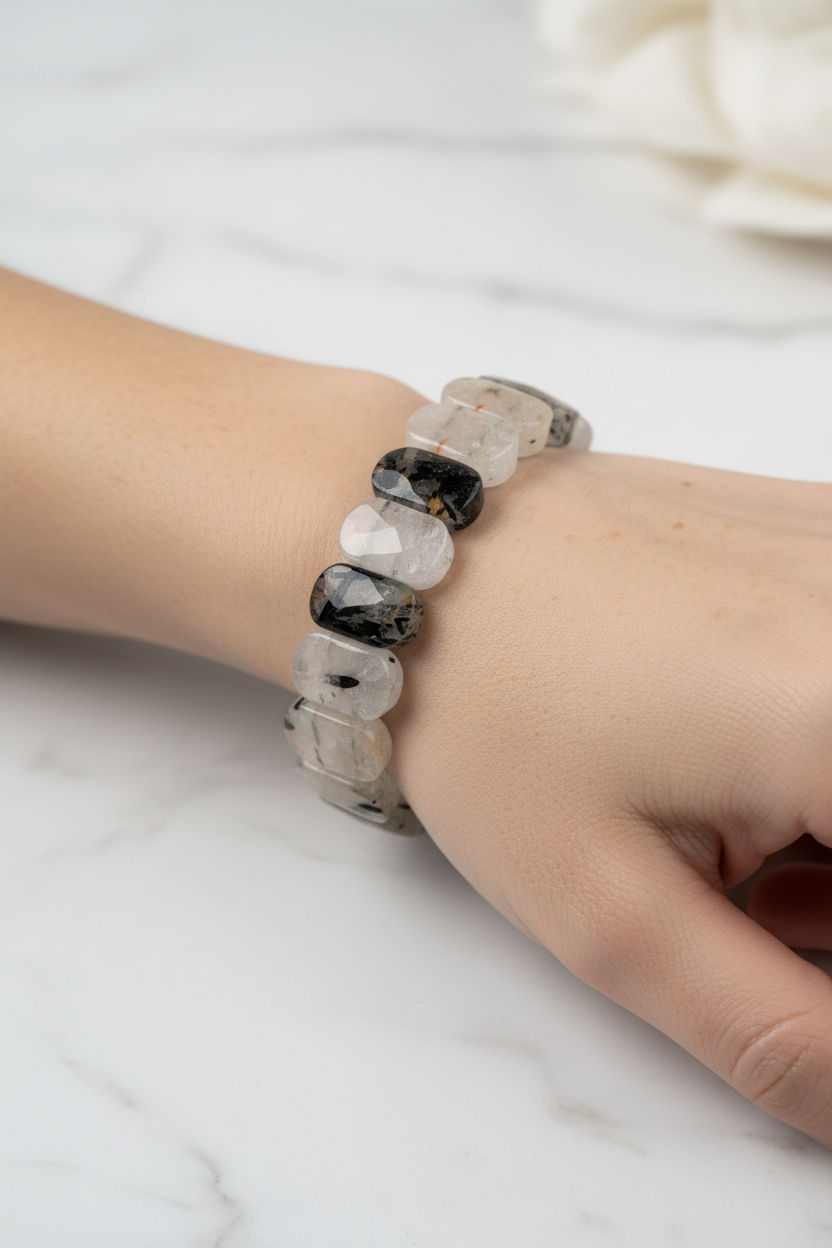 Rutilated Quartz Wide Cut Natural Gemstone Bracelet