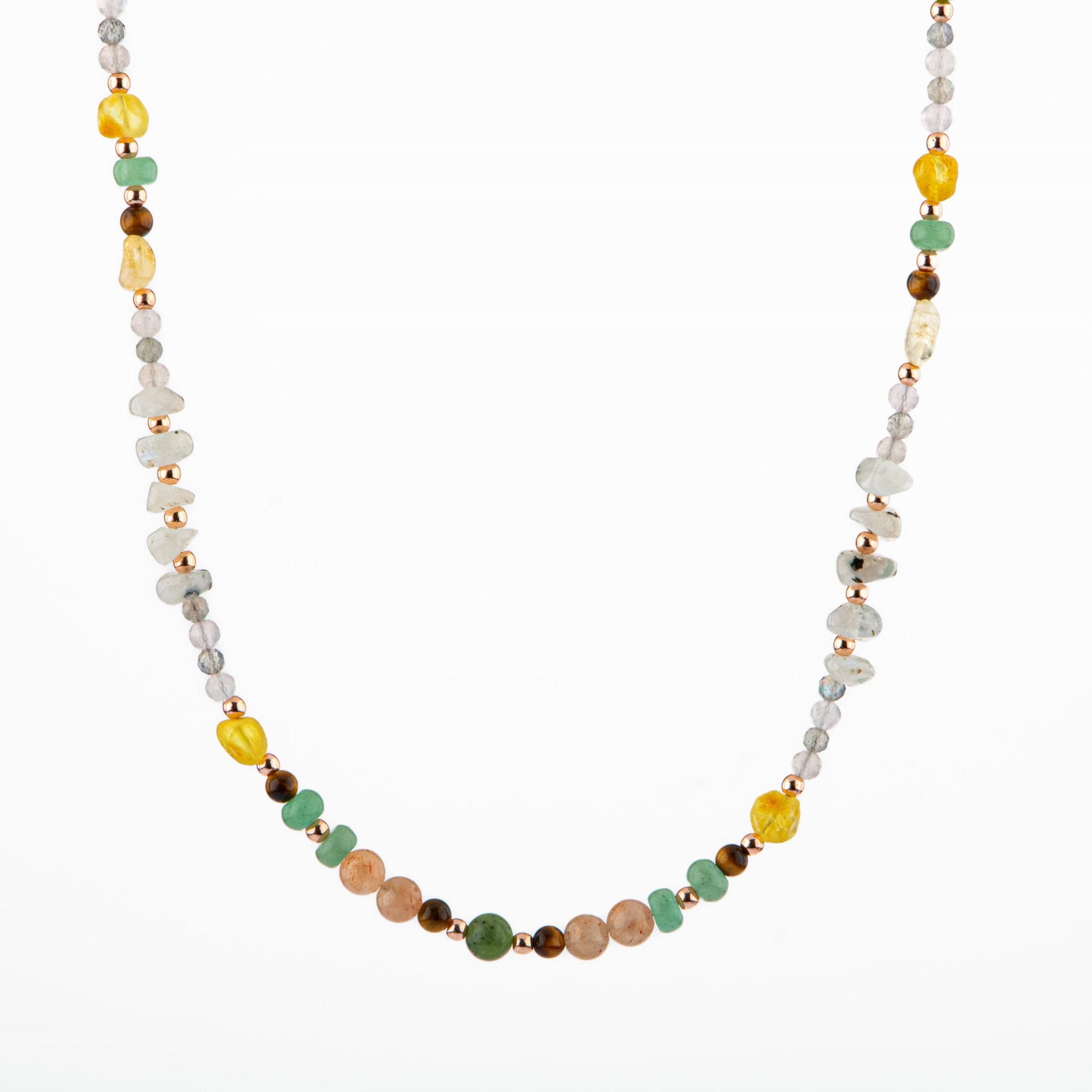 Yeşim-Kaplan Gözü-Hematit-Güneş Taşı-Aventurin-Sitrin-Kehribar-Labradorit-Ay Taşı-Pembe Kuvars Doğal Taş Kolye