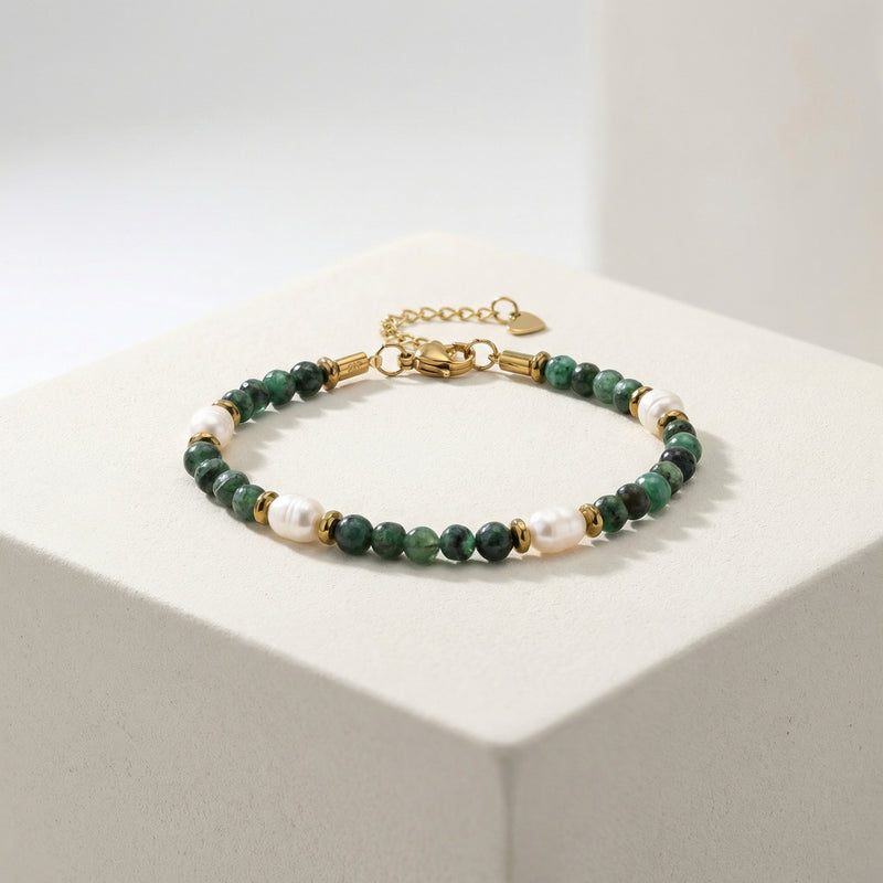 Laboratory Certified Emerald & Pearl Natural Stone Bracelet – Rondelle Cut, Steel Clasp