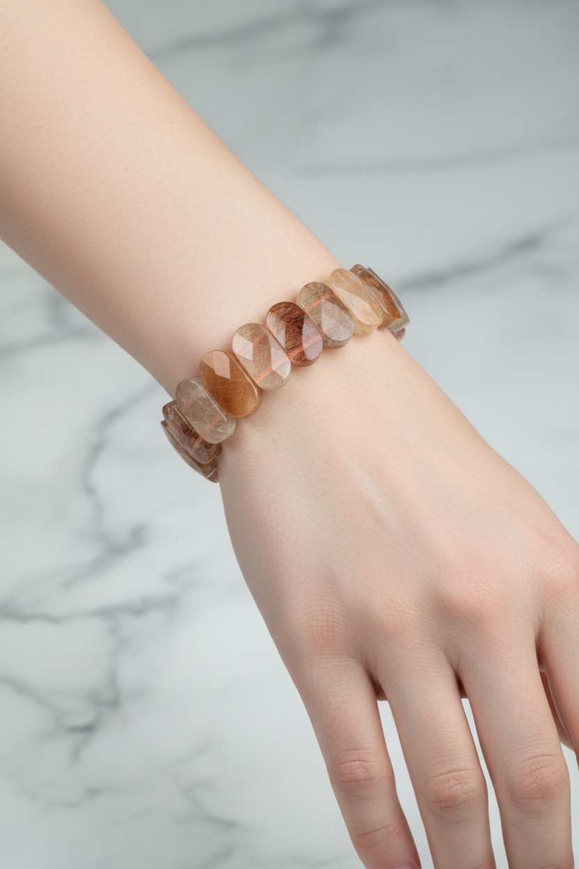 Golden Rutilated Quartz Wide Cut Natural Gemstone Bracelet