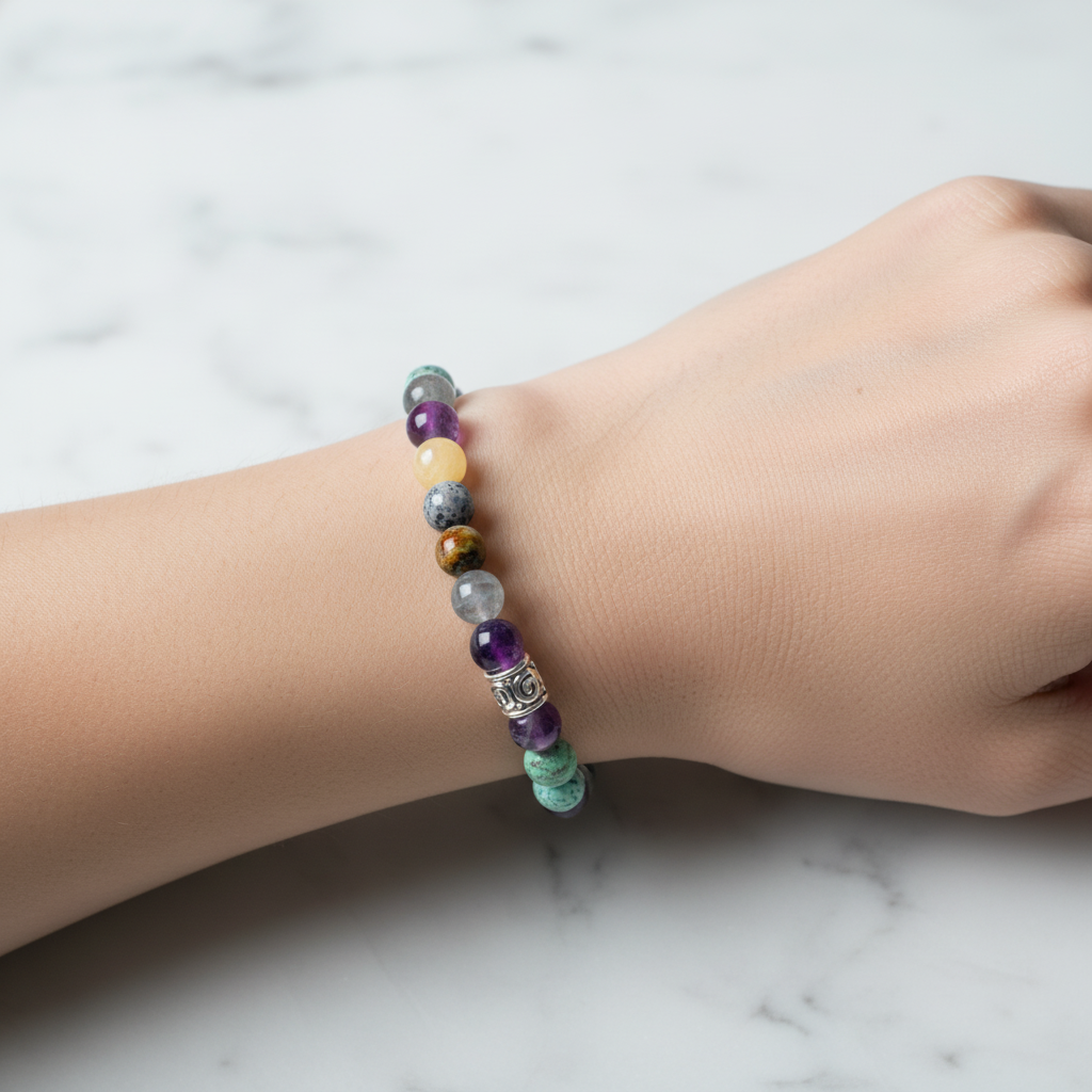 Laboratory Certified Sagittarius Zodiac Natural Stone Bracelet – Amethyst, Dumortierite, Spanish Variscite, Calcite & Labradorite