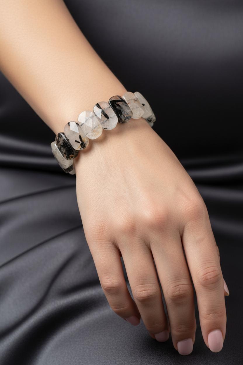 Rutilated Quartz Wide Cut Natural Gemstone Bracelet
