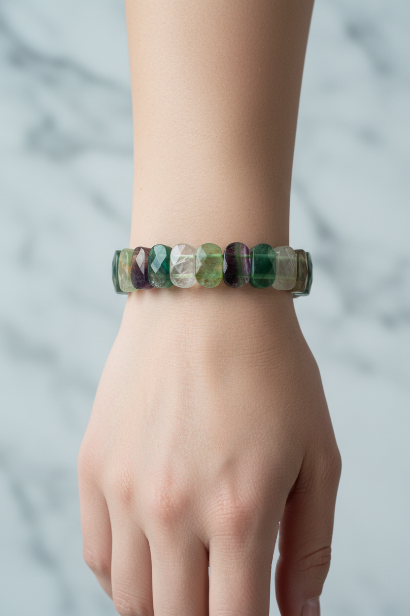 Green Fluorite Wide Cut Natural Gemstone Bracelet