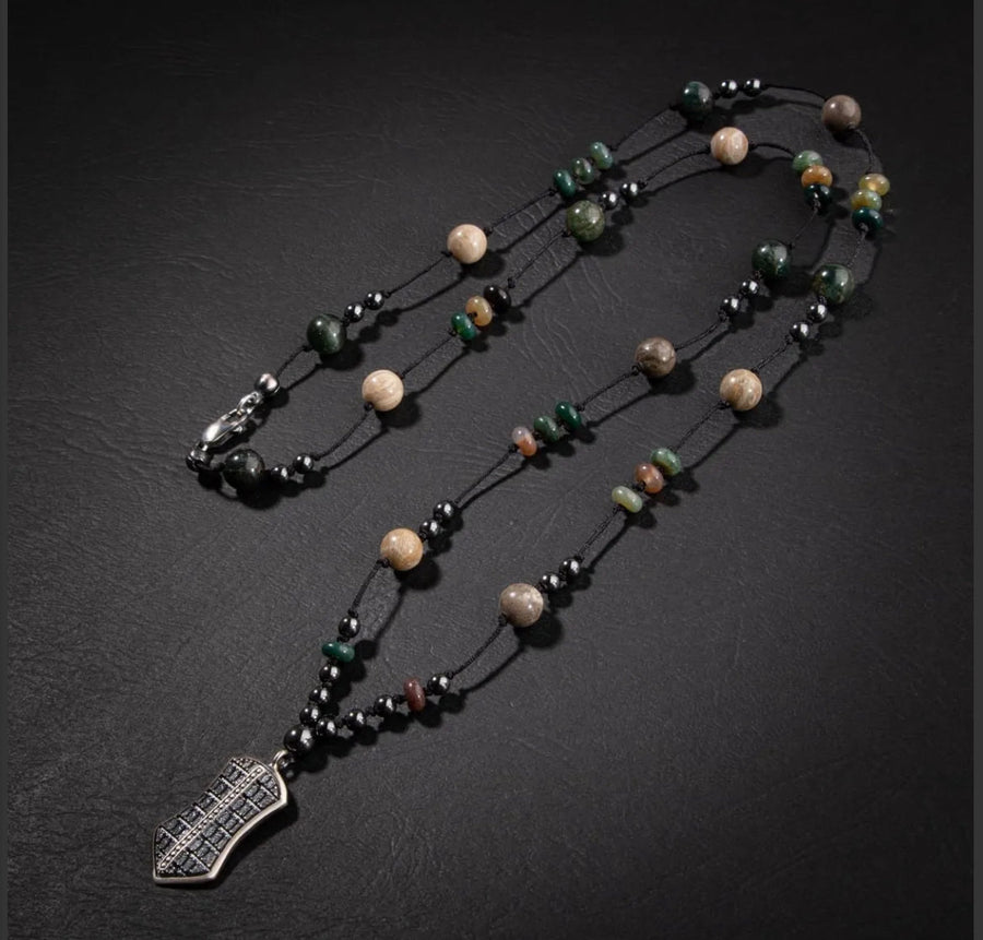 Laboratory Certified Fossil Coral – Indian Agate – Hematite Natural Stone Silver Design Necklace