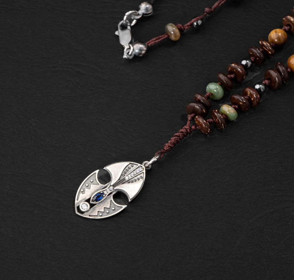 Erkek Kolyesi Hindistan Cevizi Kabuğu-turkuaz-kaplan Gözü-hint Akik-hematit Doğal Taş Gümüş Tasarım Kolye