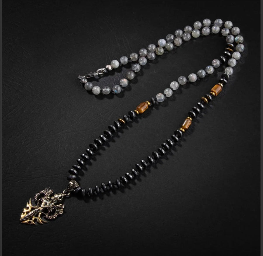 Laboratory Certified Labradorite – Tiger's Eye – Hematite Natural Stone Silver Design Necklace