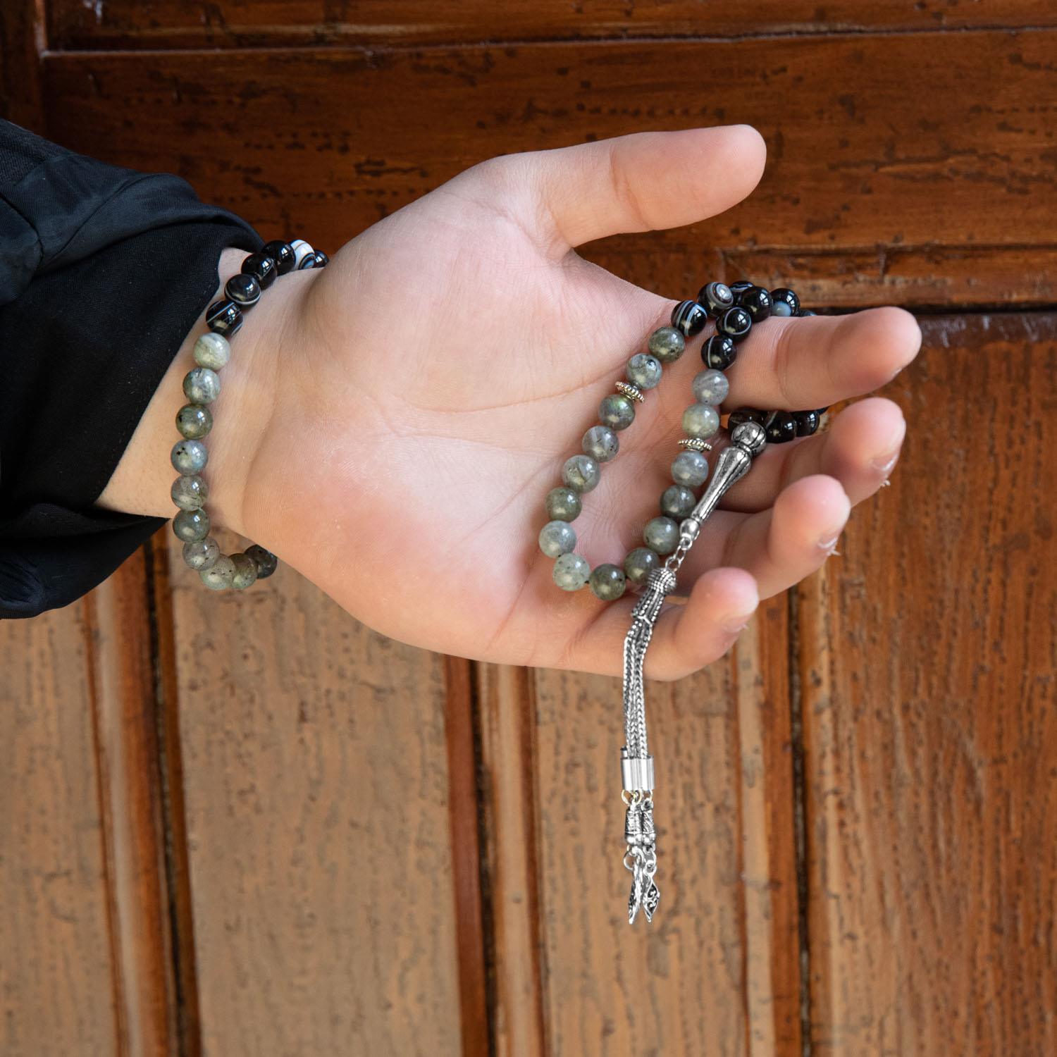Labradorite & Black Eye Agate Natural Gemstone Prayer Beads & Bracelet Set
