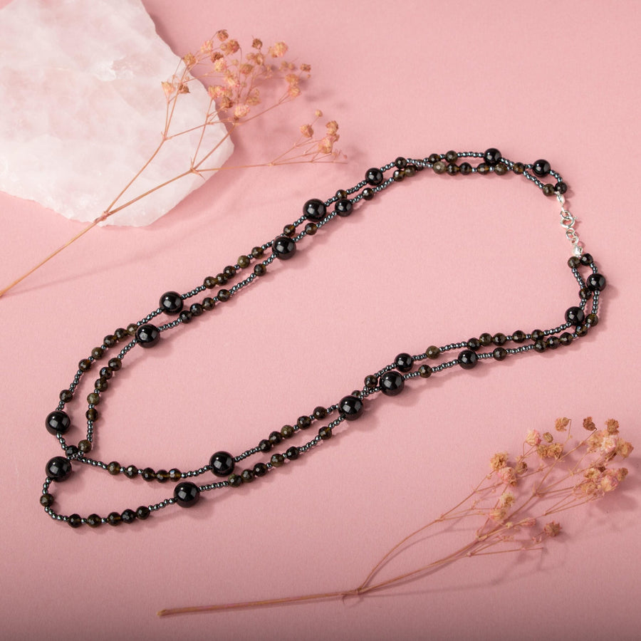 Laboratory Certified Black Tourmaline & Obsidian Natural Stone 925 Sterling Silver Necklace – Special Design