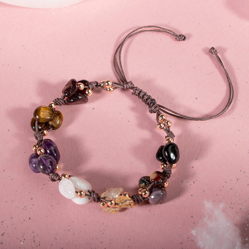 Scorpio Zodiac Natural Stone Macramé Bracelet – Amethyst, Moonstone, Burgundy Garnet (Lal), Jasper, Tiger’s Eye, Citrine, Black Tourmaline