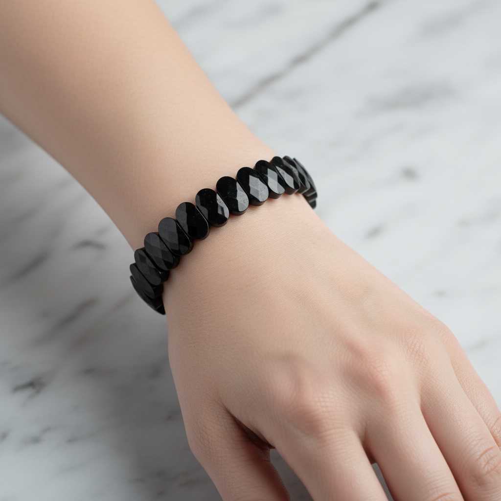 Black Tourmaline Wide Cut Natural Gemstone Bracelet
