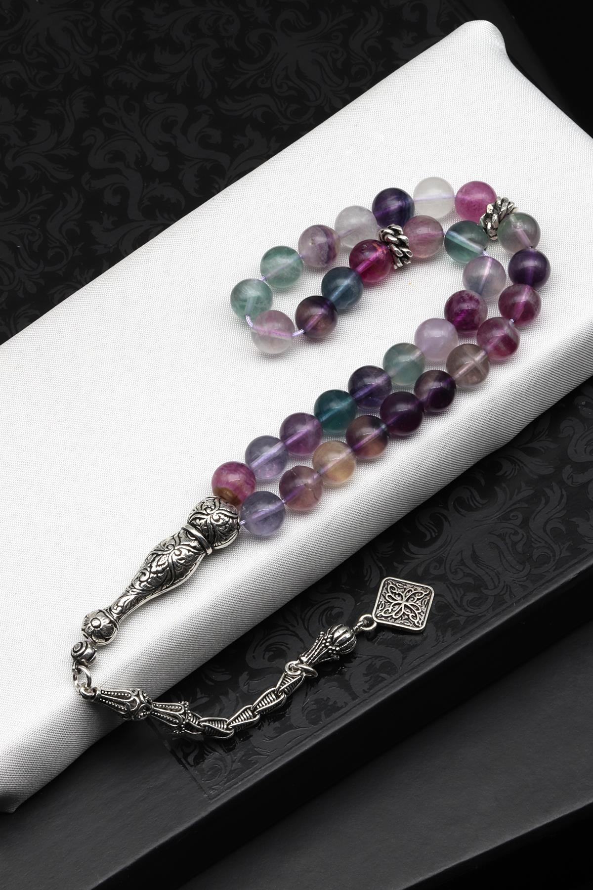 Laboratory Certified Fluorite Natural Stone Prayer Beads 925 Sterling Silver 8 mm Round Bead Cut (33 Beads)