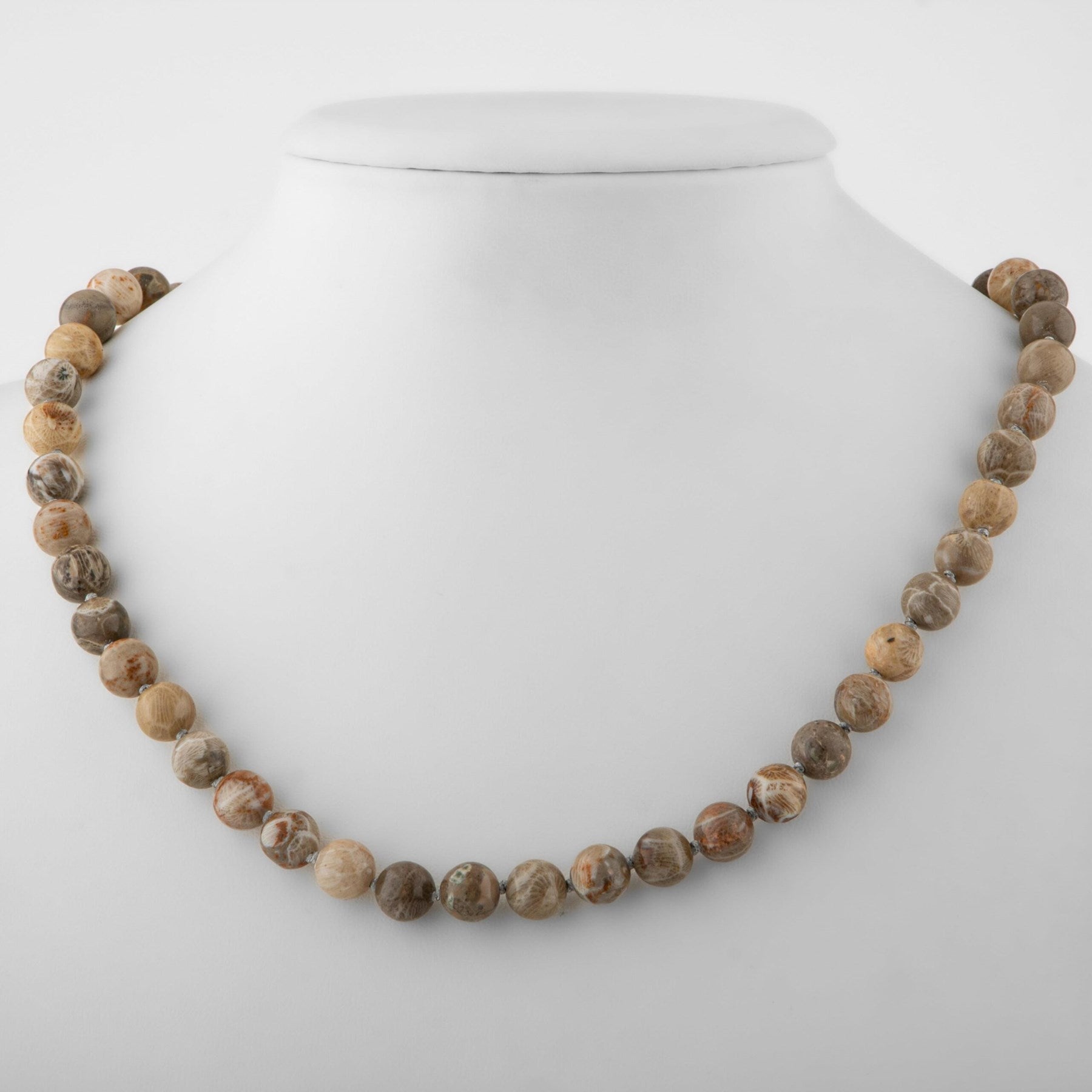 Laboratory Certified Fossil Coral 8 mm Knotted Natural Stone Necklace