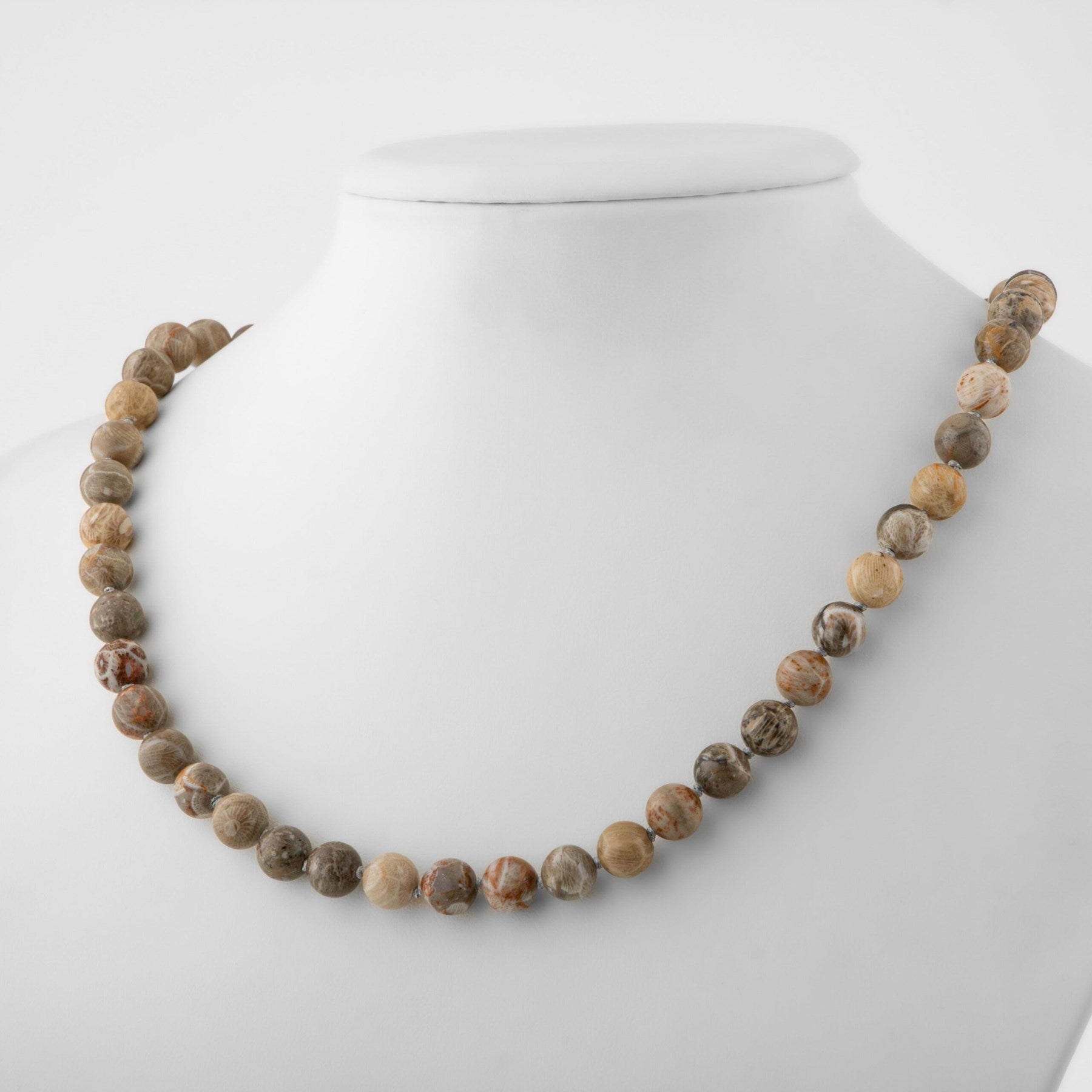 Laboratory Certified Fossil Coral 8 mm Knotted Natural Stone Necklace