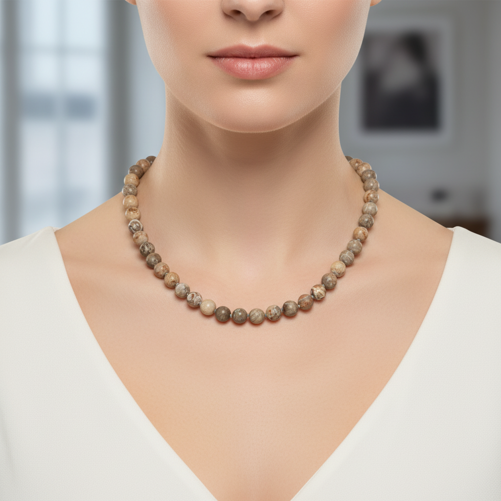 Laboratory Certified Fossil Coral 8 mm Knotted Natural Stone Necklace