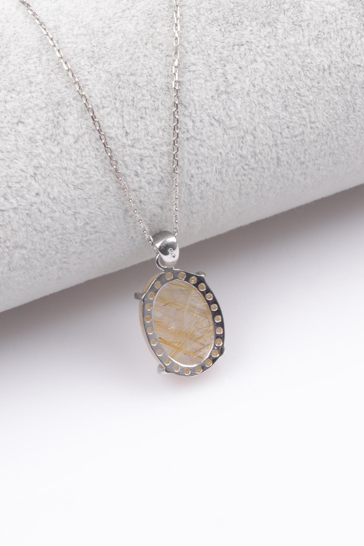 Laboratory Certified Golden Rutilated Quartz Natural Stone 925 Sterling Silver Necklace