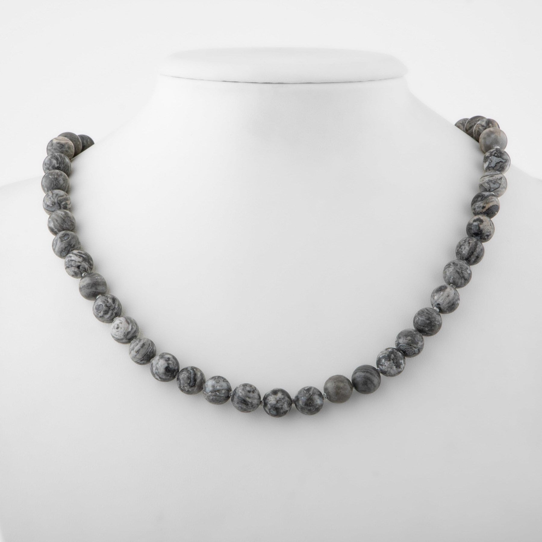 Laboratory Certified Gray Jasper 8 mm Knotted Natural Stone Necklace