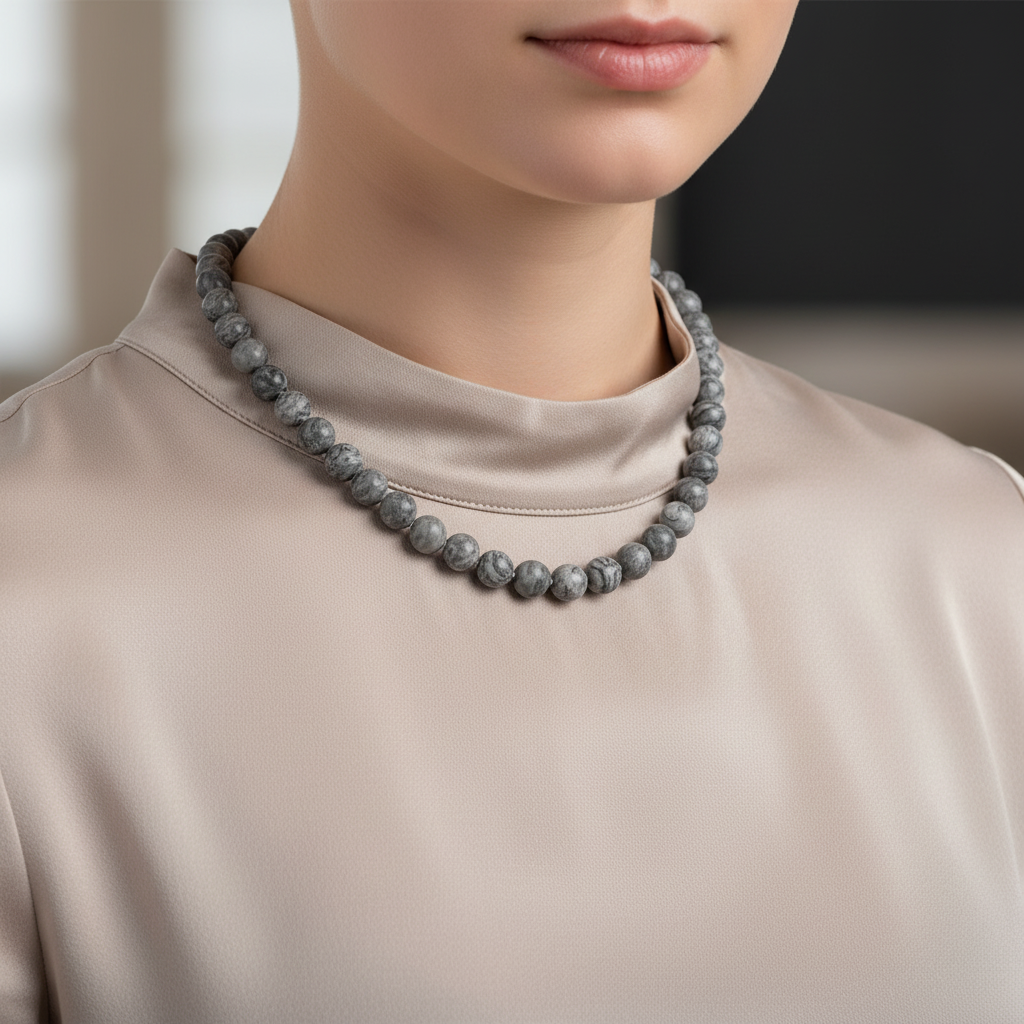 Laboratory Certified Gray Jasper 8 mm Knotted Natural Stone Necklace