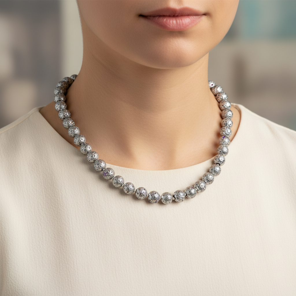 Laboratory Certified Gray Lava Stone 8 mm Knotted Natural Stone Necklace