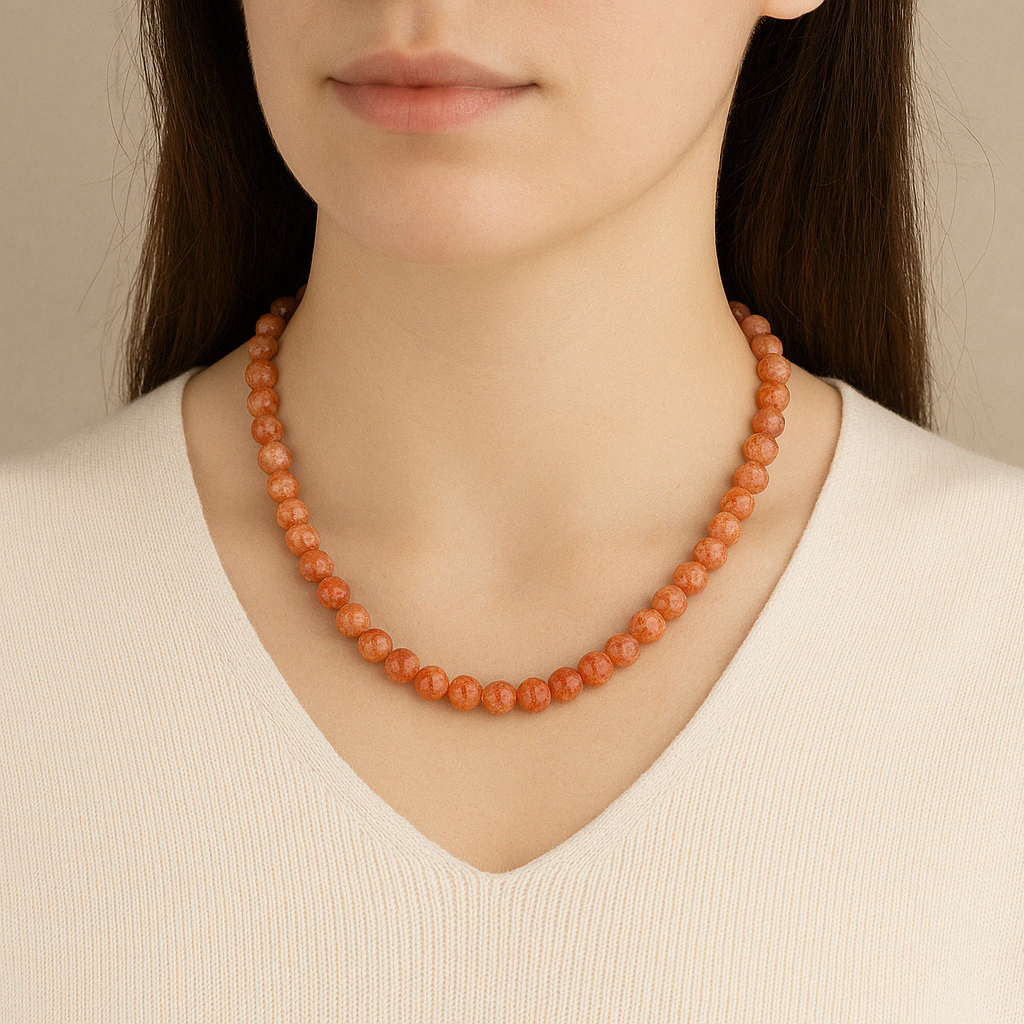 Laboratory Certified Sunstone 8 mm Natural Stone Necklace
