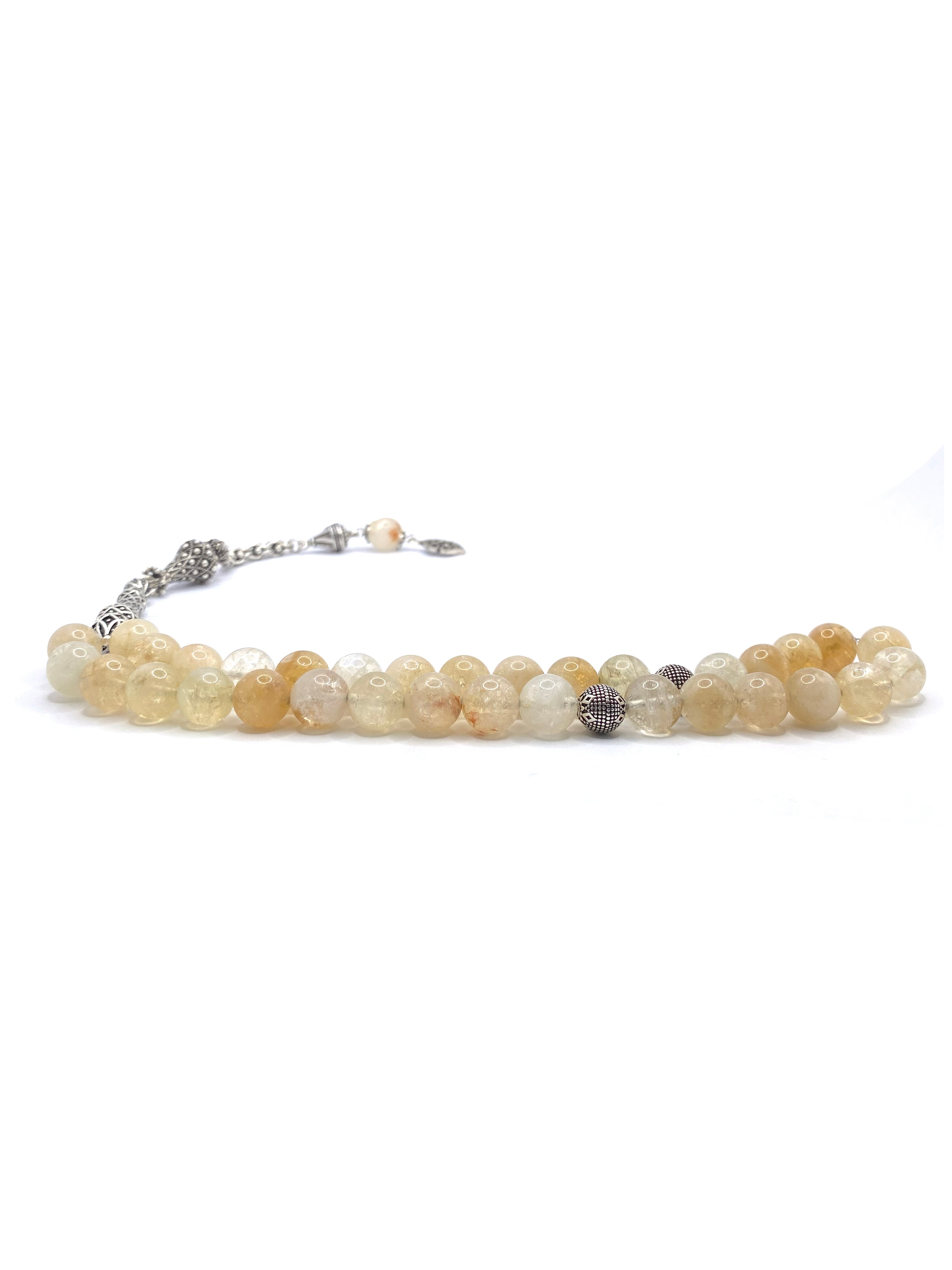 Citrine Natural Gemstone Prayer Beads – 10 mm, 33-Bead, Natural Stone-Accented Headpiece and 925 Sterling Silver with Detailed Accents