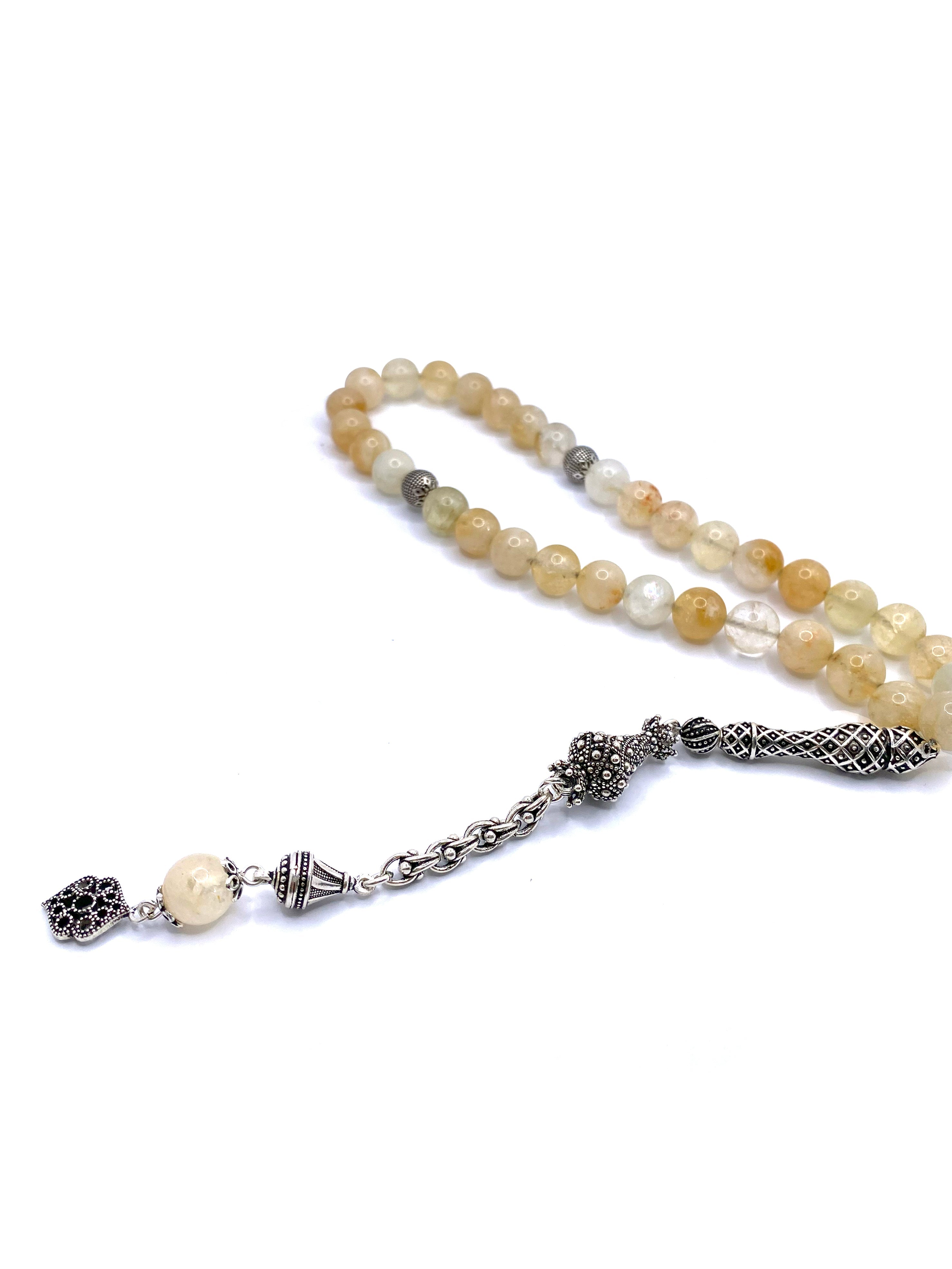 Citrine Natural Gemstone Prayer Beads – 10 mm, 33-Bead, Natural Stone-Accented Headpiece and 925 Sterling Silver with Detailed Accents