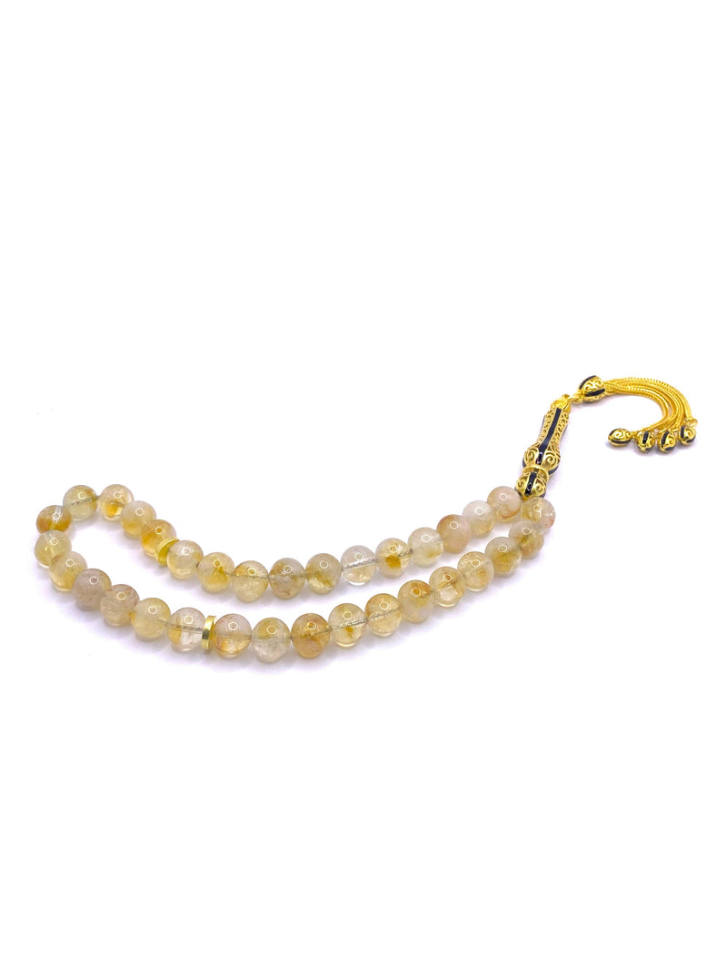 Laboratory Certified Citrine Natural Gemstone Prayer Beads – 8 mm, 33-Bead, Gold Plated 925 Sterling Silver