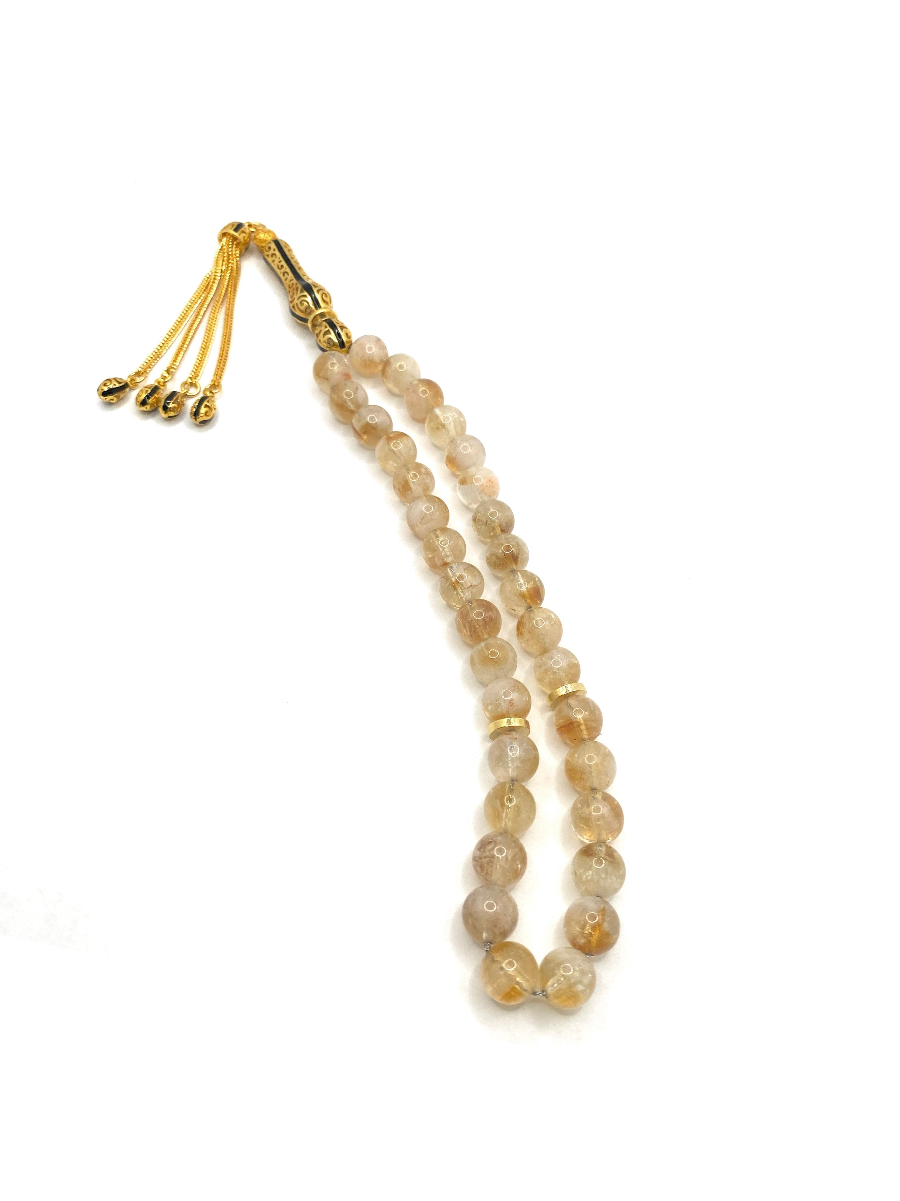 Certified Citrine Natural Gemstone Prayer Beads – 8 mm, 33-Bead, Gold Plated 925 Sterling Silver with Detailed Accents
