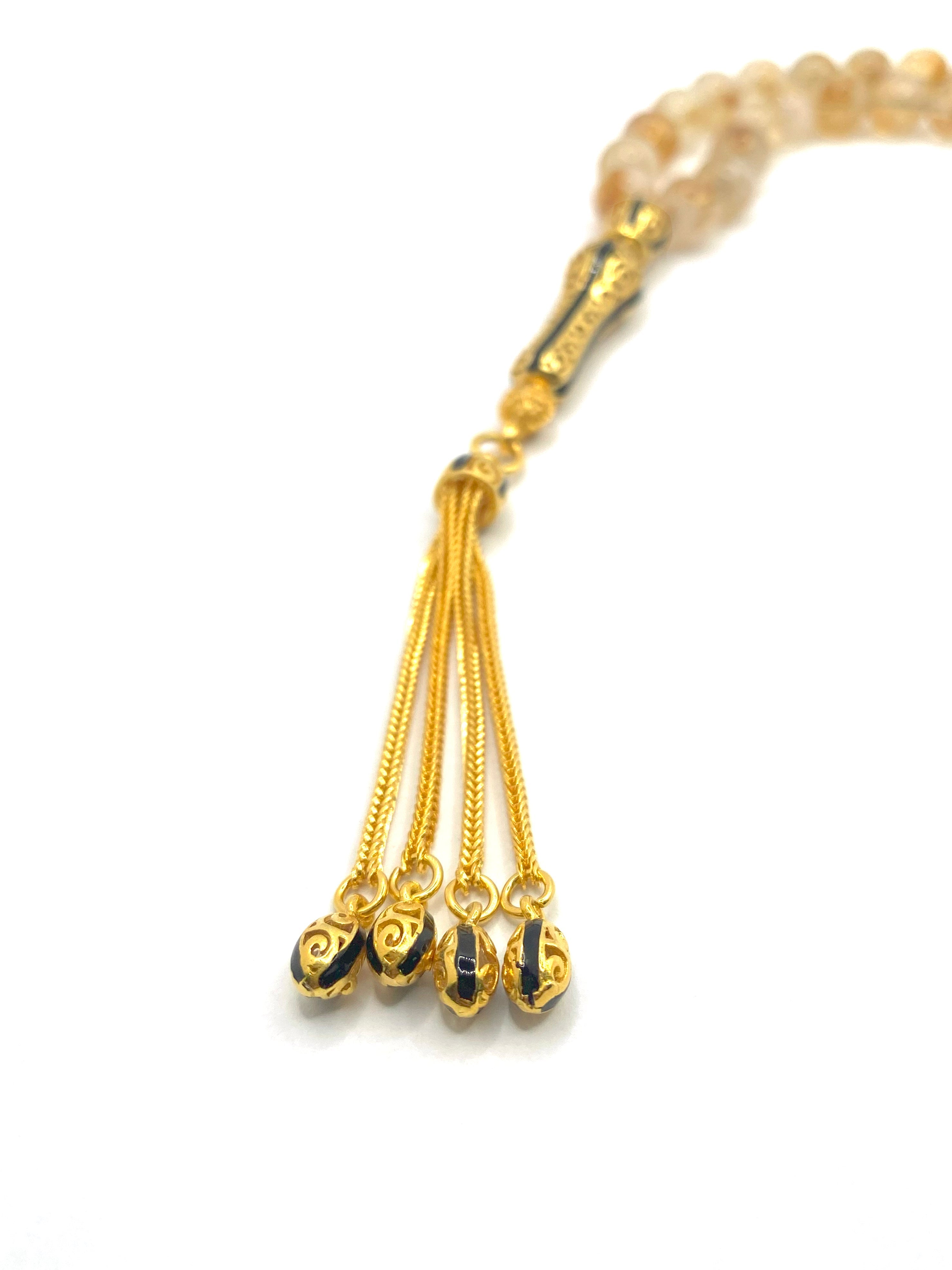 Certified Citrine Natural Gemstone Prayer Beads – 8 mm, 33-Bead, Gold Plated 925 Sterling Silver with Detailed Accents