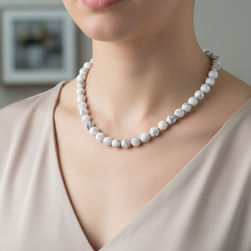 Laboratory Certified Howlite 8 mm Knotted Natural Stone Necklace