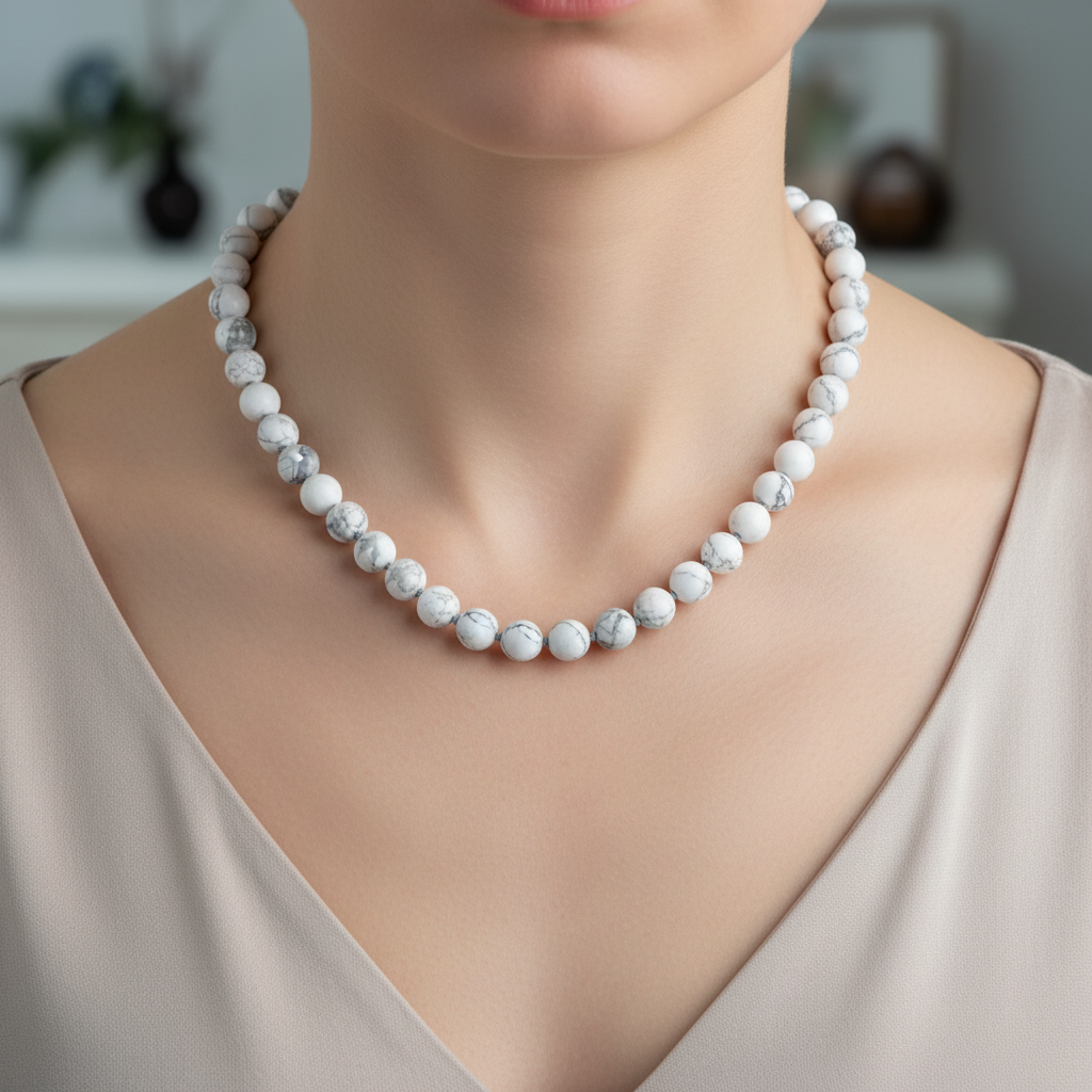 Laboratory Certified Howlite 8 mm Knotted Natural Stone Necklace