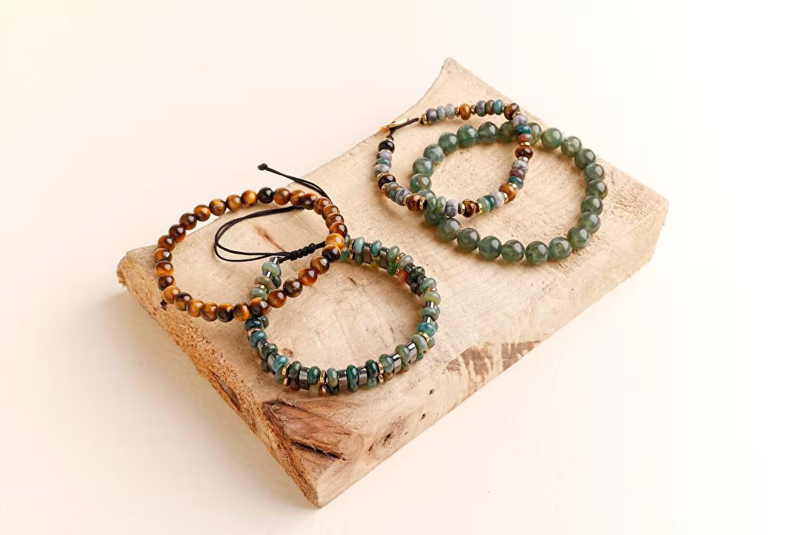 Laboratory Certified Hematite, Bloodstone, Green Apatite, Grey Jasper & Tiger’s Eye Men’s Natural Stone Bracelet Set