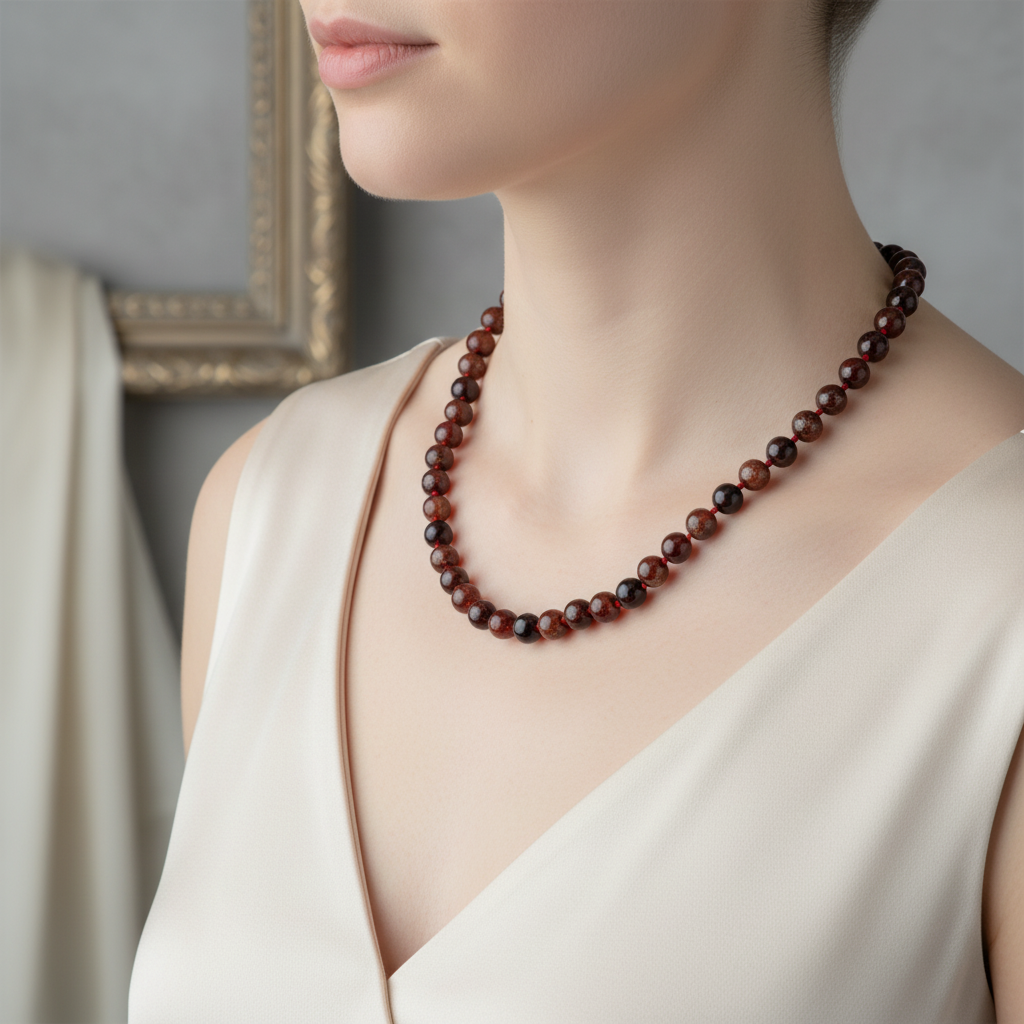 Laboratory Certified Hessonite Garnet 8 mm Knotted Natural Stone Necklace