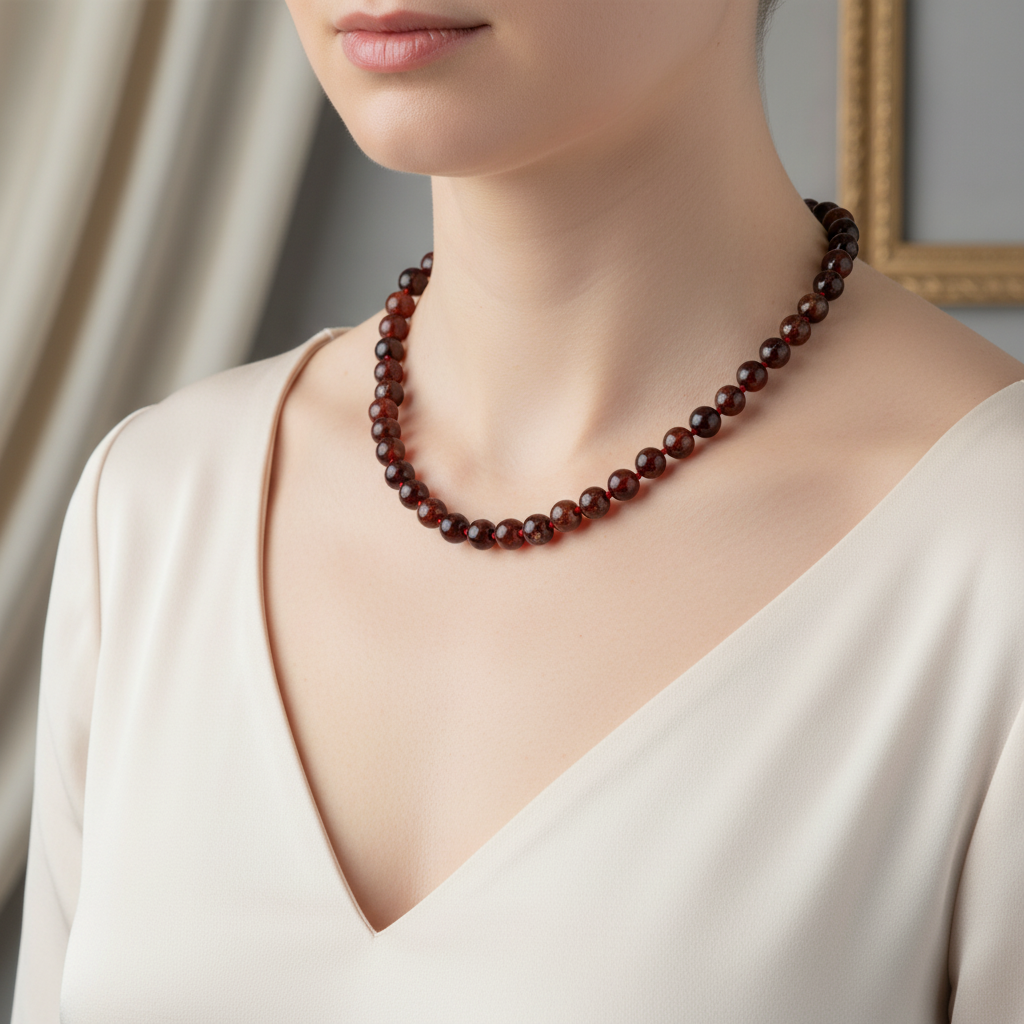 Laboratory Certified Hessonite Garnet 8 mm Knotted Natural Stone Necklace