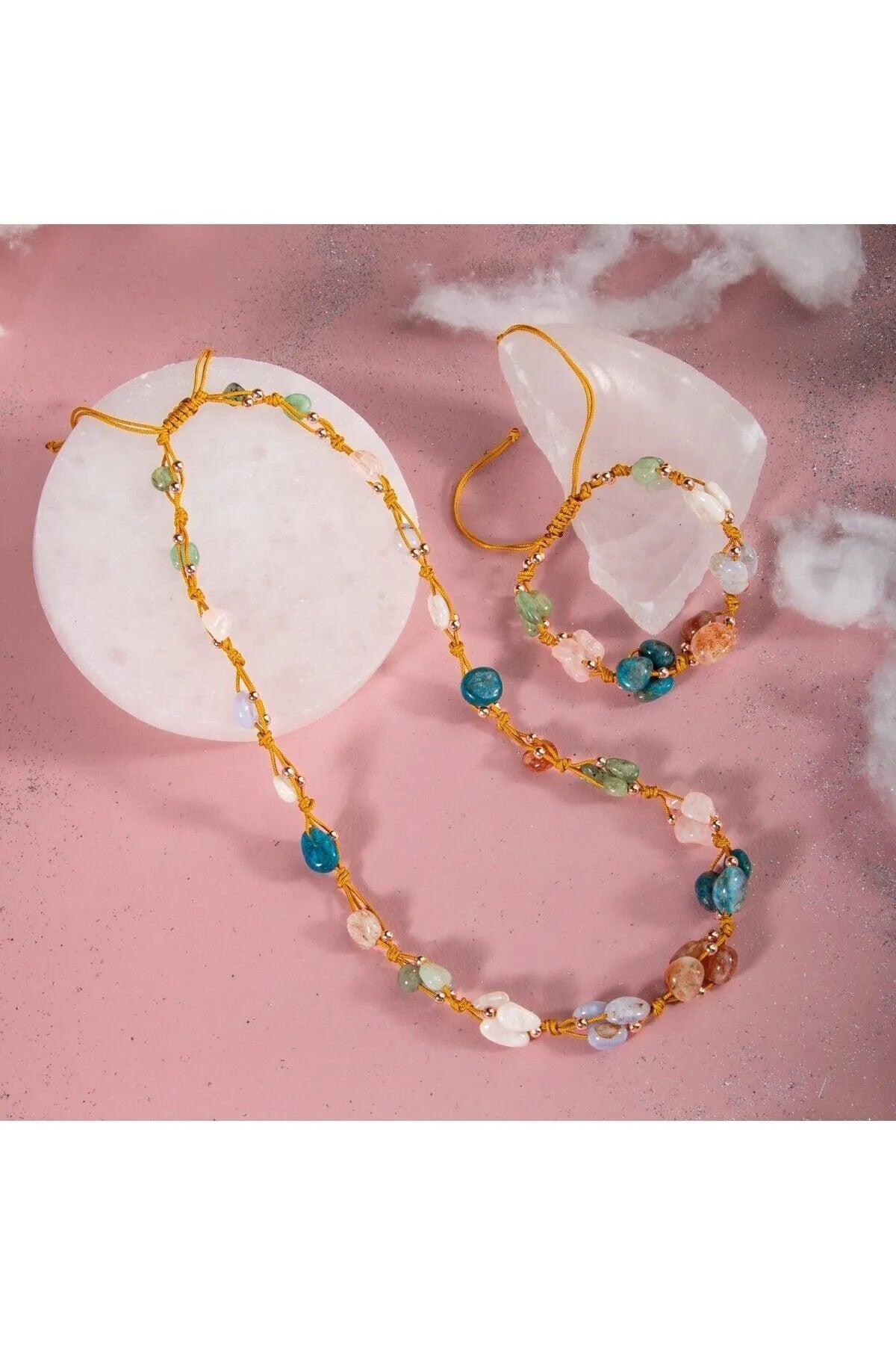 İkizler Burcu Kolye Bileklik Seti Ay Taşı Güneş Taşı Kalsedon Mavi Apatit Pembe Kuvars Yeşil Aventurin Yeşim Sertifikalı Hakiki Orijinal Doğal Taş 