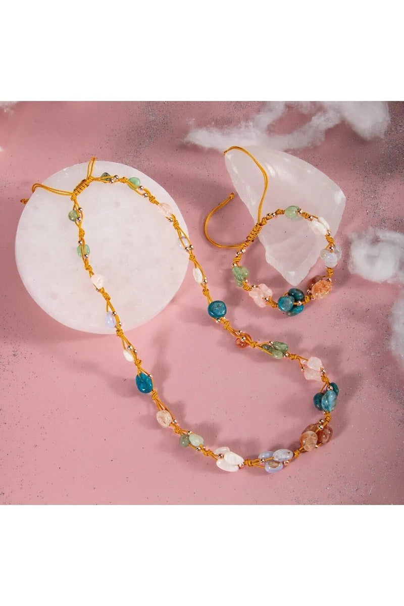 Laboratory Certified Gemstone Necklace & Bracelet Set – Moonstone, Sunstone, Chalcedony, Blue Apatite, Pink Quartz, Green Aventurine & Jade