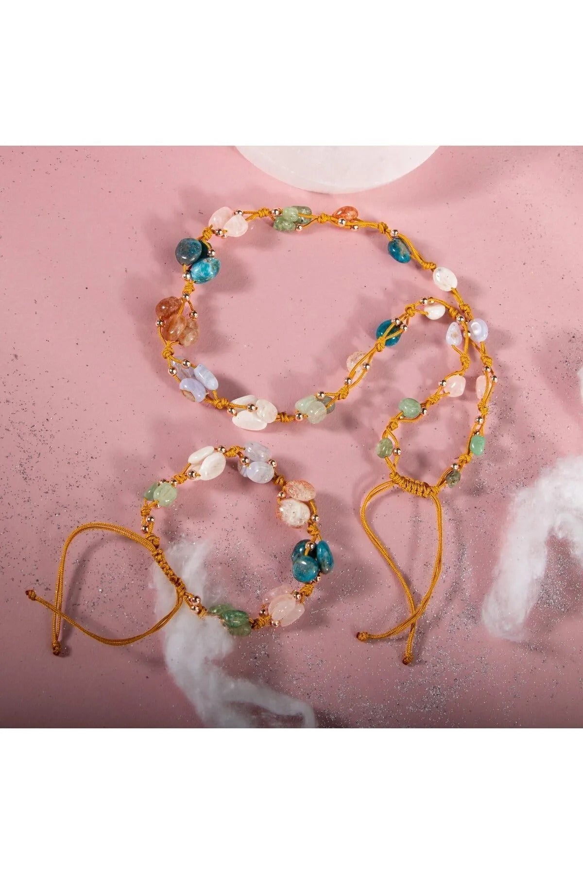 İkizler Burcu Kolye Bileklik Seti Ay Taşı Güneş Taşı Kalsedon Mavi Apatit Pembe Kuvars Yeşil Aventurin Yeşim Sertifikalı Hakiki Orijinal Doğal Taş 