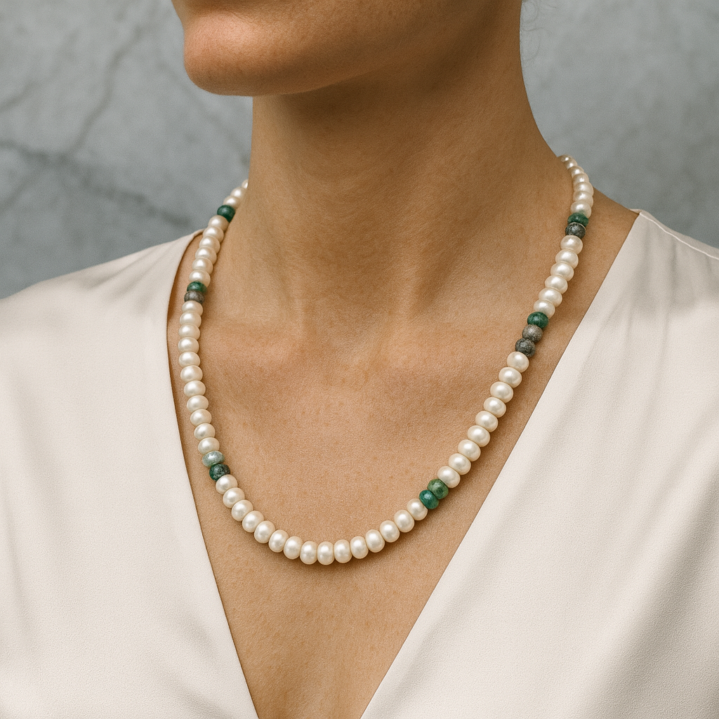 Laboratory Certified Pearl, Emerald & Labradorite Natural Stone Necklace