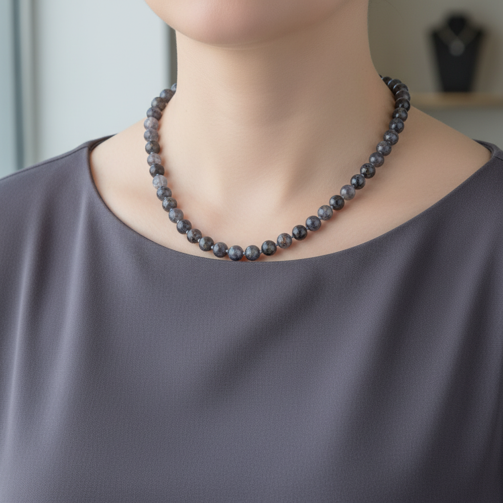 Laboratory Certified Iolite 8 mm Knotted Natural Stone Necklace