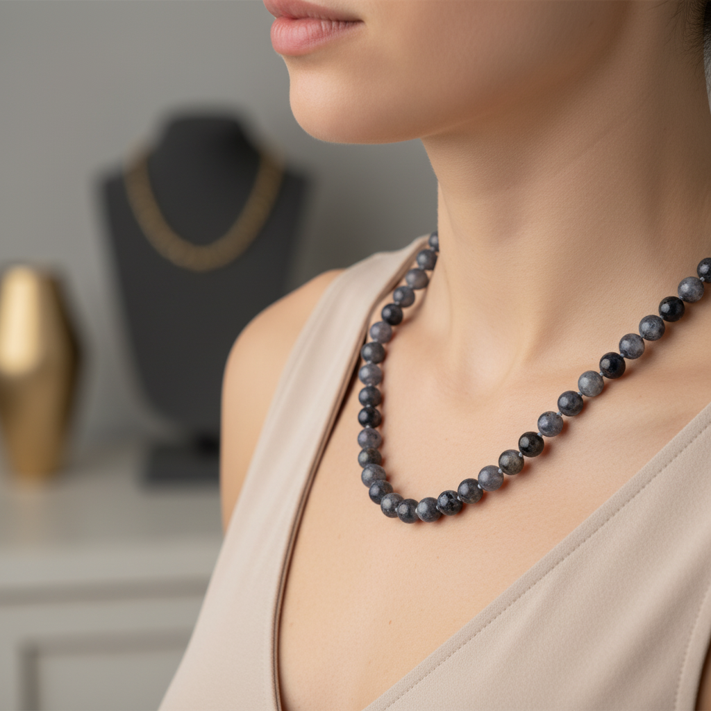 Laboratory Certified Iolite 8 mm Knotted Natural Stone Necklace